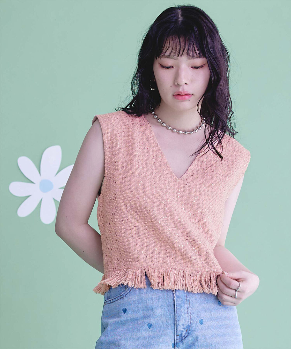 miette「スパンコールツイードフリンジショートベスト」|ベスト・ジレ|ピンク