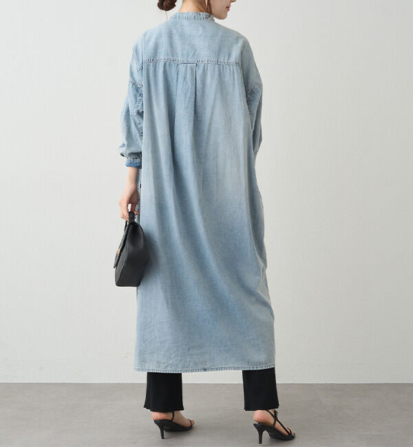  「ヴィンテージライクデニムバンドカラーワンピース」|ワンピース|