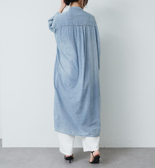  「ヴィンテージライクデニムバンドカラーワンピース」|ワンピース|