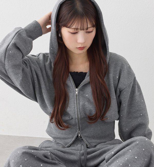  「【セットアップ可能】ビジューパーカー」|プルオーバー|チャコールグレー