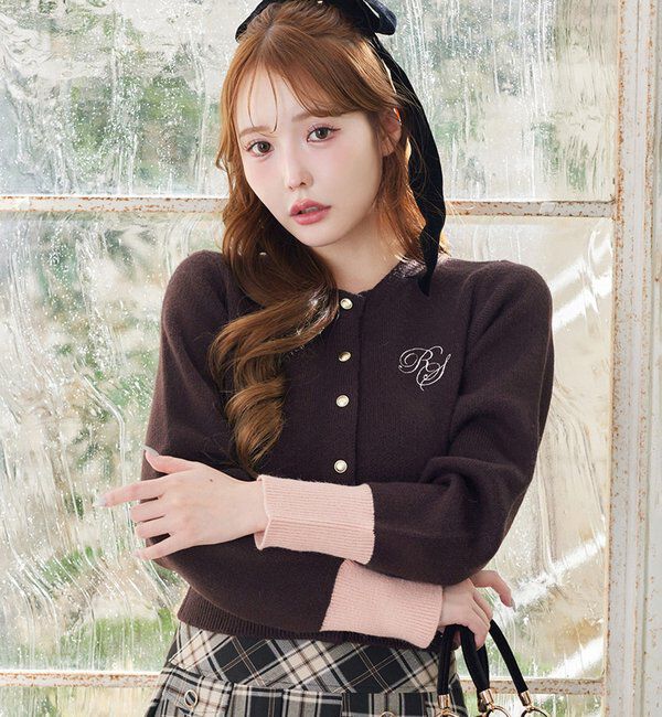  「配色袖刺繍入りカーデ」|ニット・セーター|ブラウン