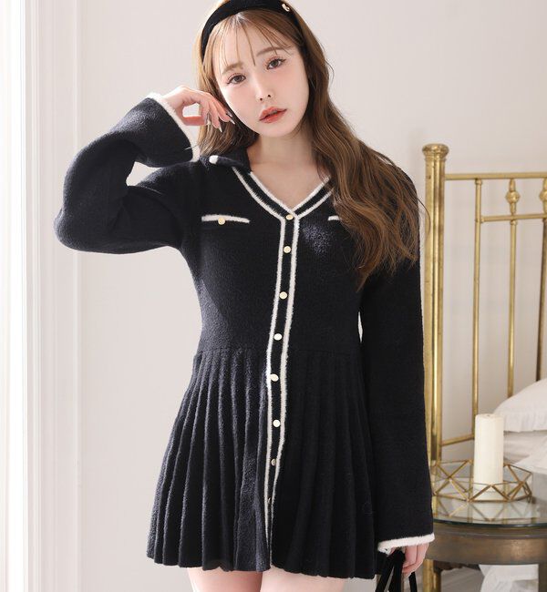  「襟付き配色ニットミニワンピース」|ワンピース|