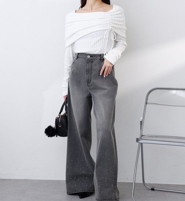  「【XSサイズあり/ウエスト調整可能】ビジュー付きワイドデニム」|その他|