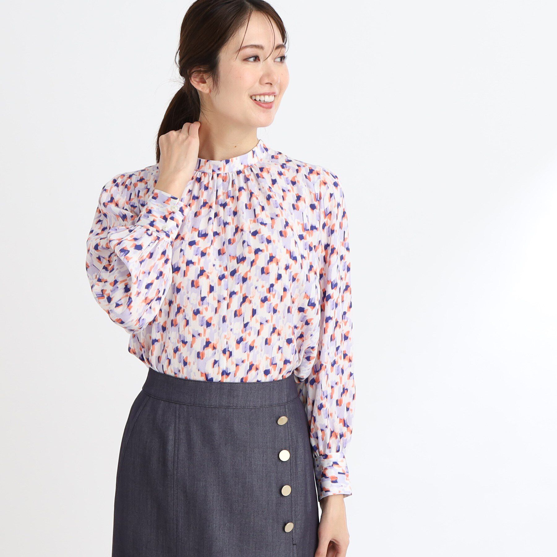 Reflect「【マシンウォッシュ可／セットアップ可】パフスリーブプリントブラウス」|シャツ・ブラウス|