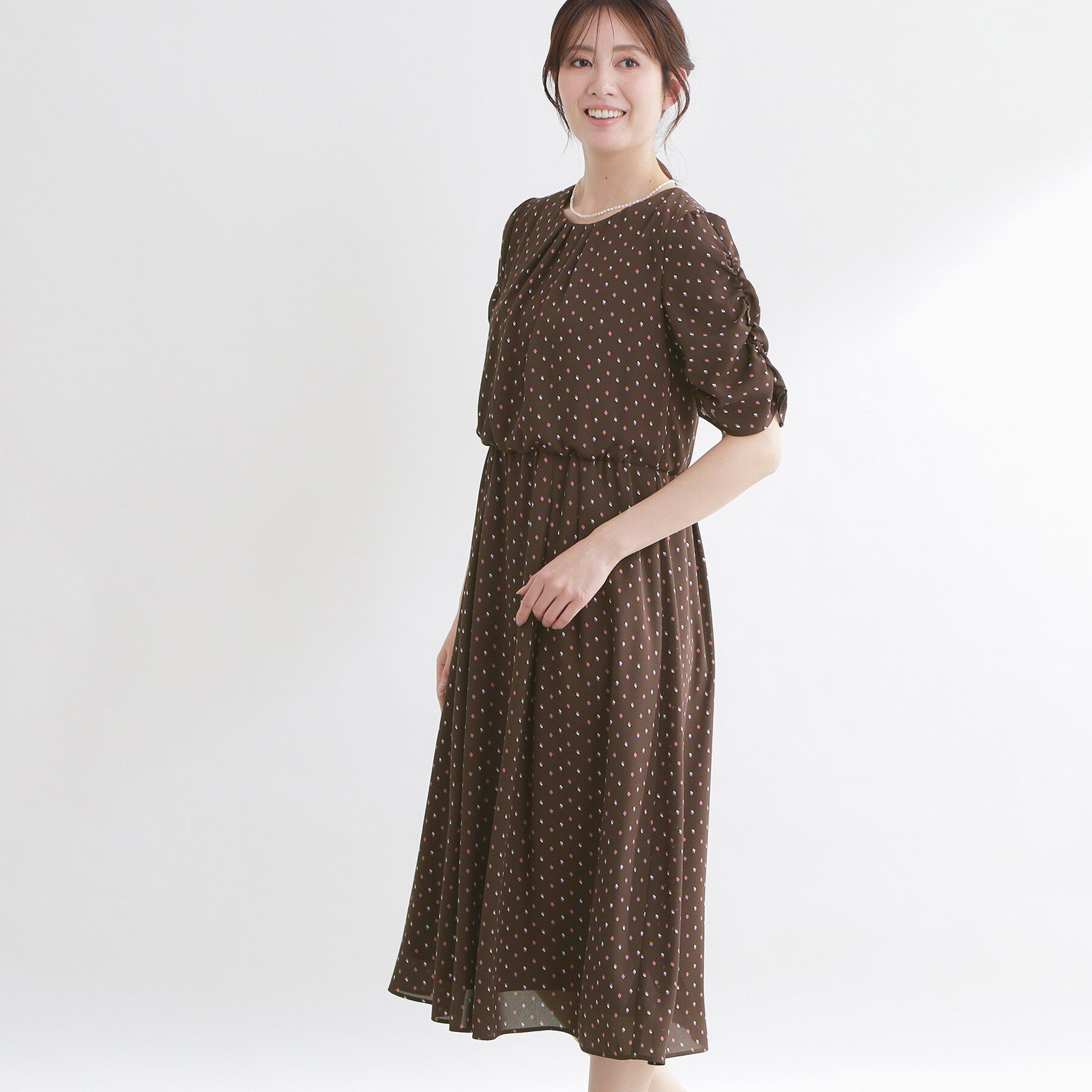 Reflect「小紋柄ジョーゼットワンピース」|ワンピース|ブラウン(143)