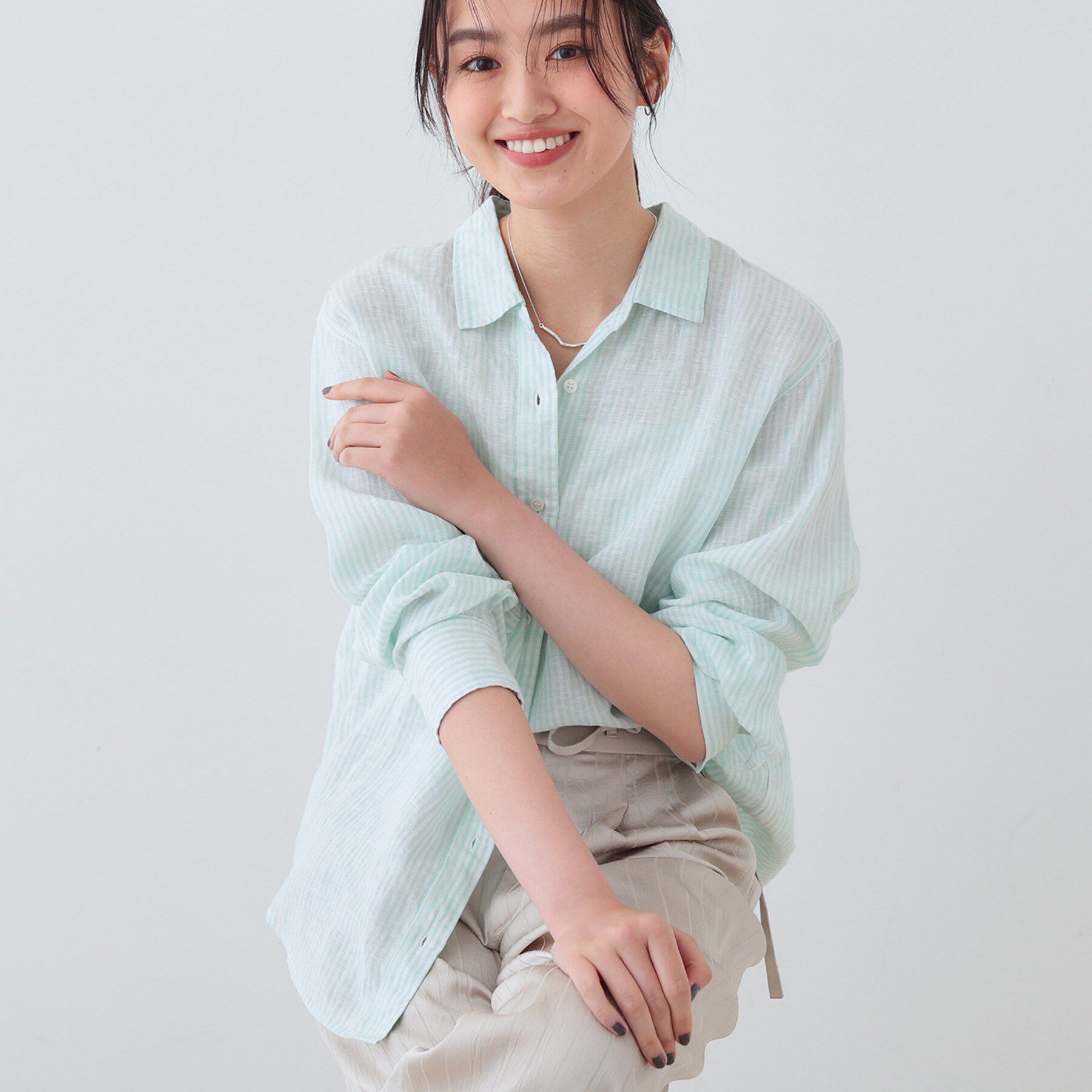 INDIVI「【毎年人気！／フレンチリネン】ベーシックシャツ」|シャツ・ブラウス|ミントグリーン(32