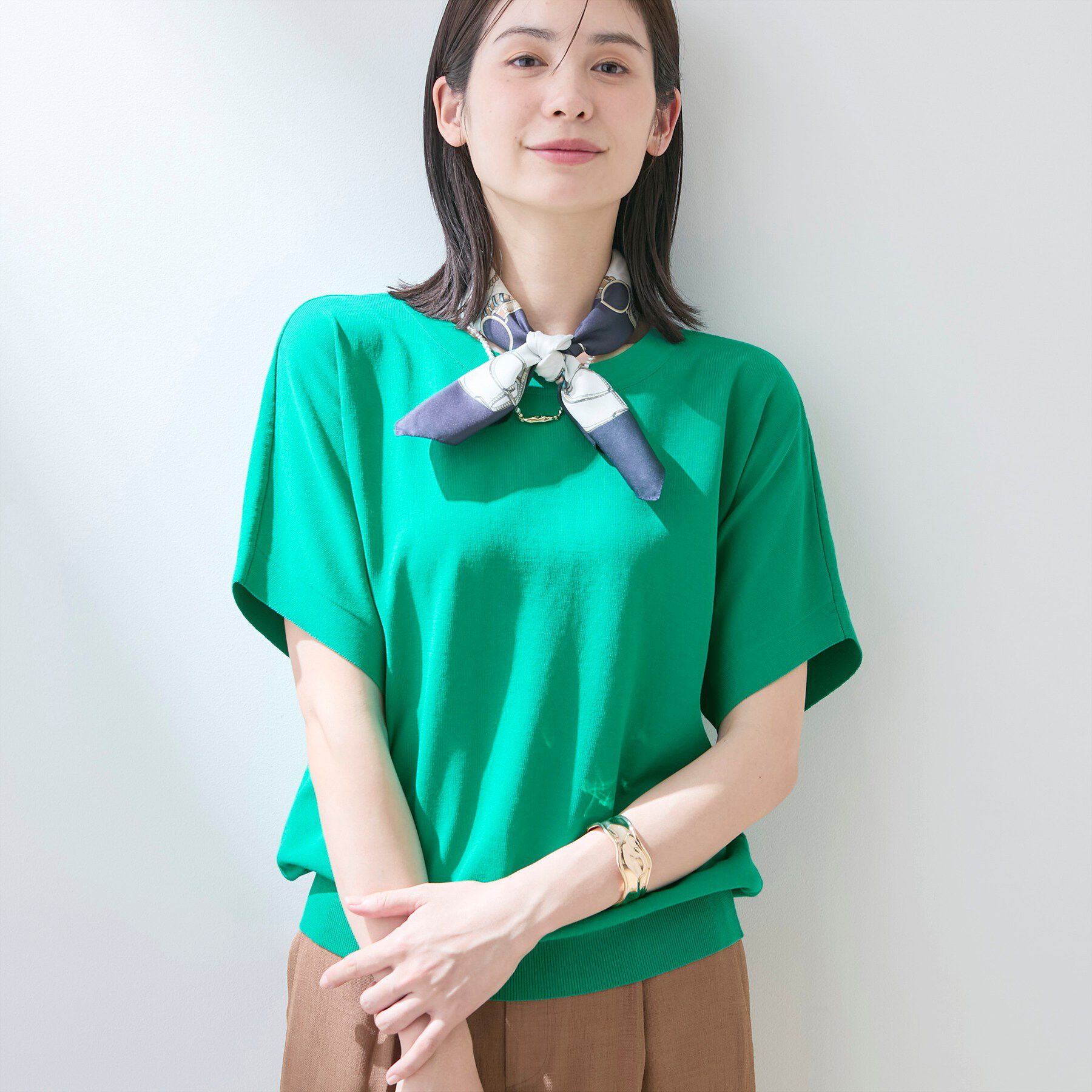 INDIVI「【洗える／コットン】ドライタッチさらりニットT」|ニット・セーター|グリーン(022)