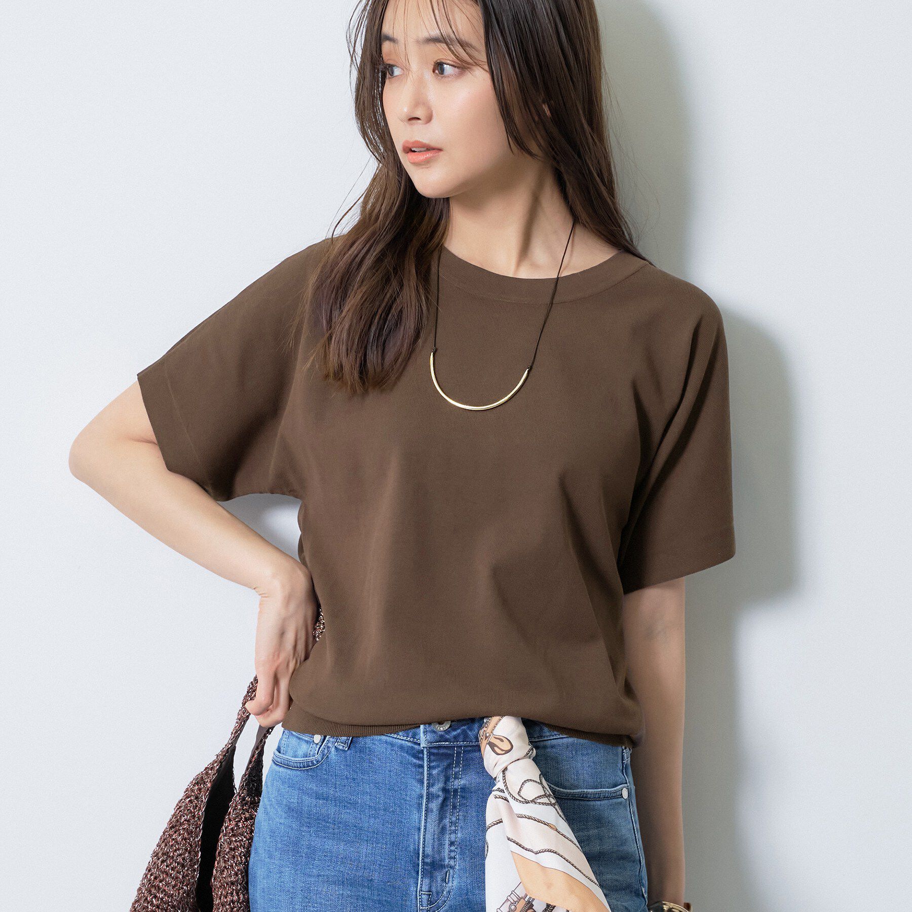 INDIVI「【洗える／コットン】ドライタッチさらりニットT」|ニット・セーター|ブラウン(044)