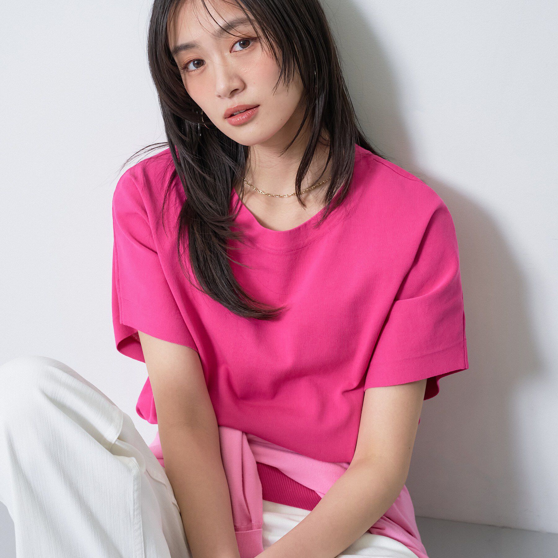 INDIVI「【洗える／コットン】ドライタッチさらりニットT」|ニット・セーター|ピンク(073)
