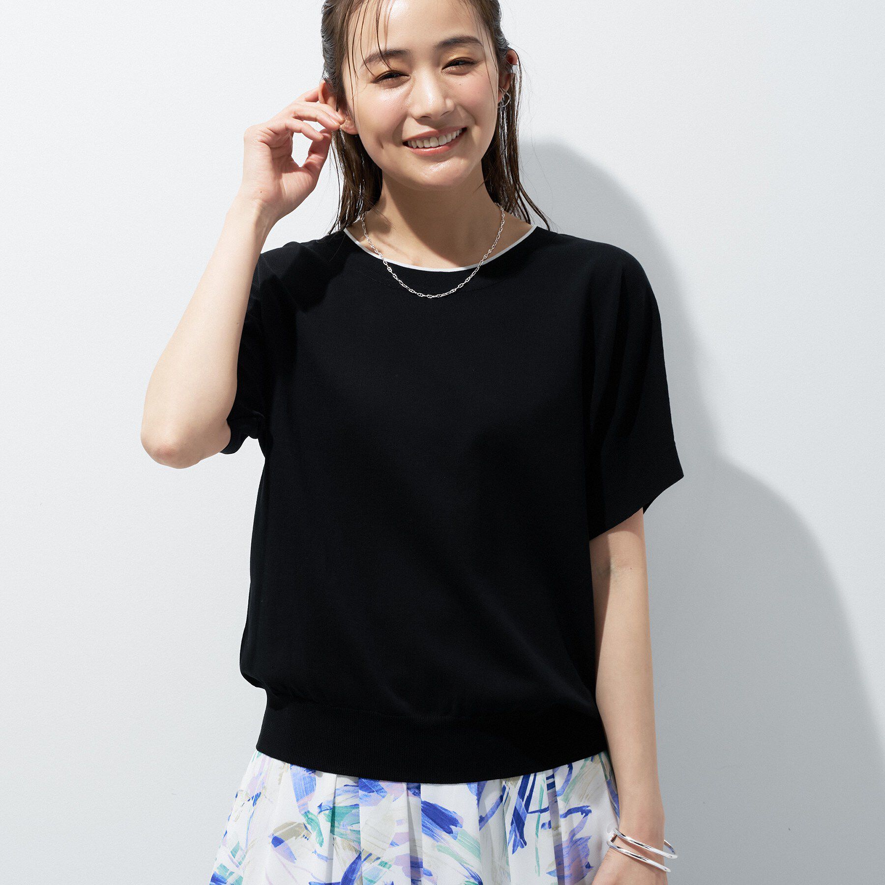 INDIVI「【洗える／コットン】ドライタッチさらりニットT」|ニット・セーター|ブラック(319)