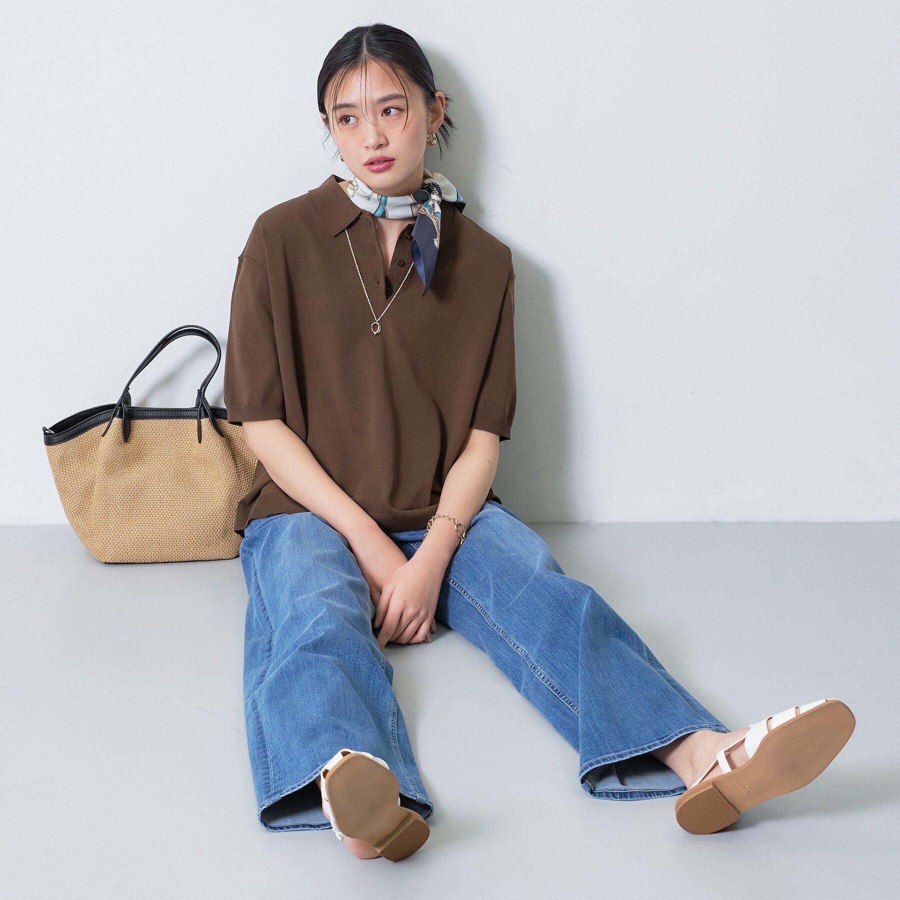 INDIVI「【洗える／コットン】ドライタッチさらりポロ襟ニットT」|ニット・セーター|