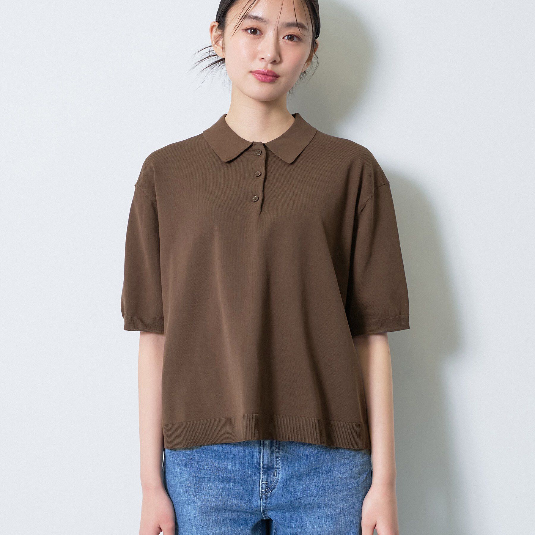 INDIVI「【洗える／コットン】ドライタッチさらりポロ襟ニットT」|ニット・セーター|