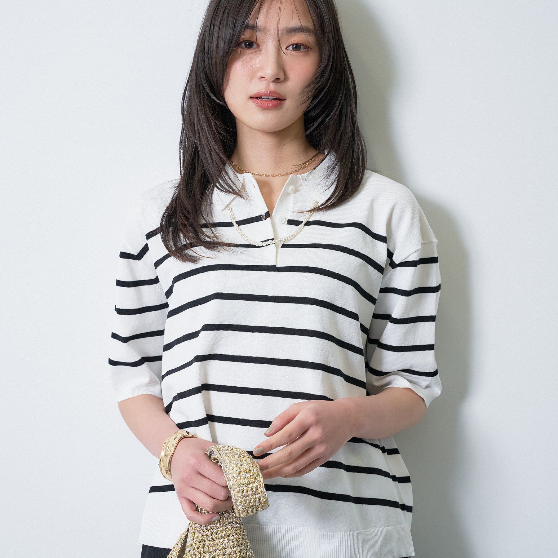 INDIVI「【洗える／コットン】ドライタッチさらりポロ襟ニットT」|ニット・セーター|ホワイト(301)