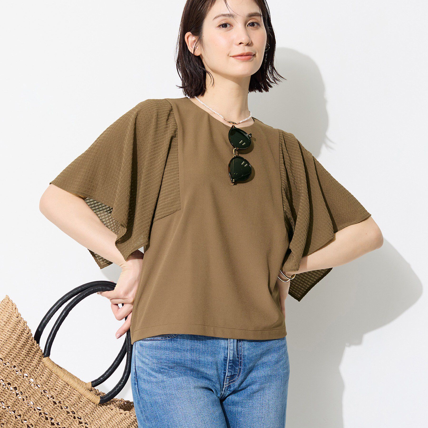 INDIVI「【洗える／シアーチェック柄】異素材コンビスリーブトップス」|Tシャツ・カットソー|