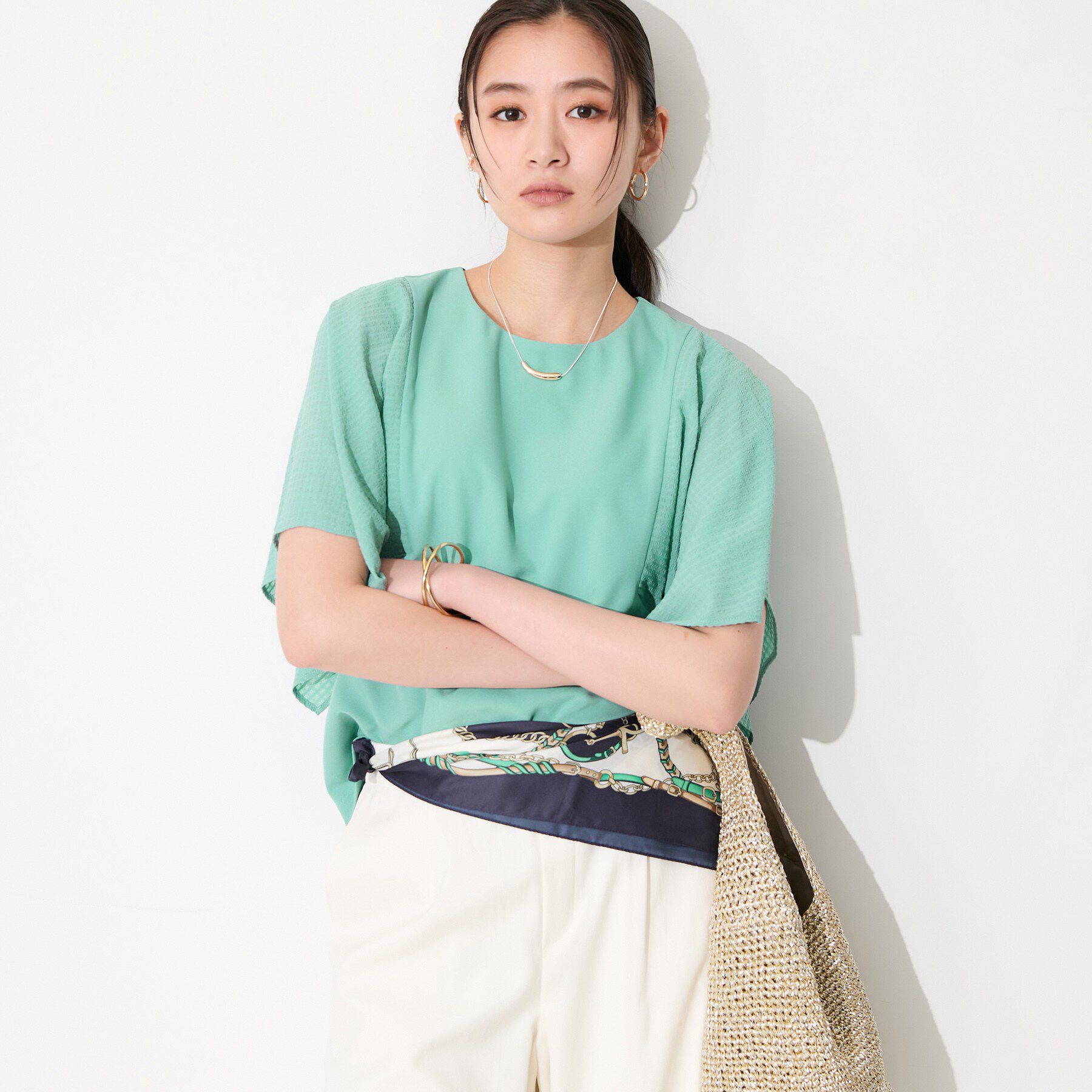 INDIVI「【洗える／シアーチェック柄】異素材コンビスリーブトップス」|Tシャツ・カットソー|