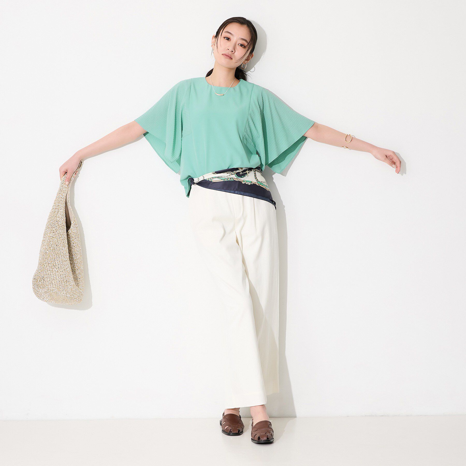 INDIVI「【洗える／シアーチェック柄】異素材コンビスリーブトップス」|Tシャツ・カットソー|