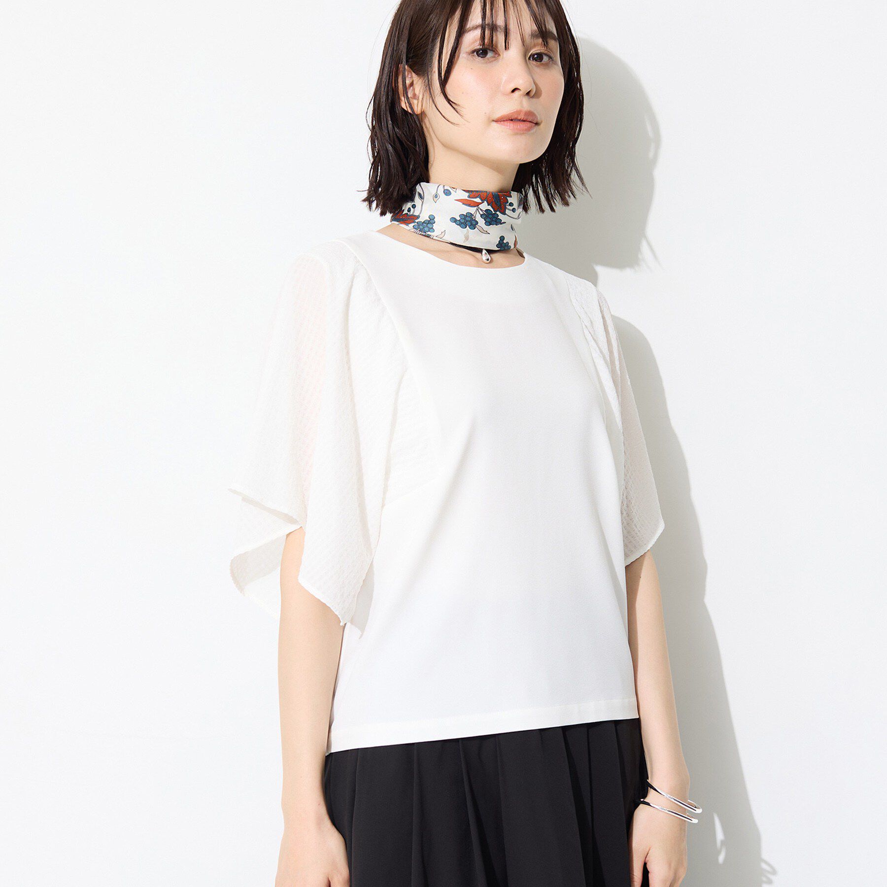 INDIVI「【洗える／シアーチェック柄】異素材コンビスリーブトップス」|Tシャツ・カットソー|