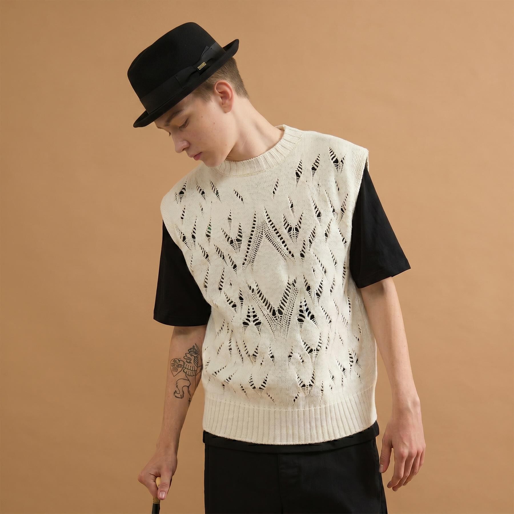 40CARATS&525「ダイヤ柄透かし編みニットべスト」|ベスト・ジレ|ホワイト(002)