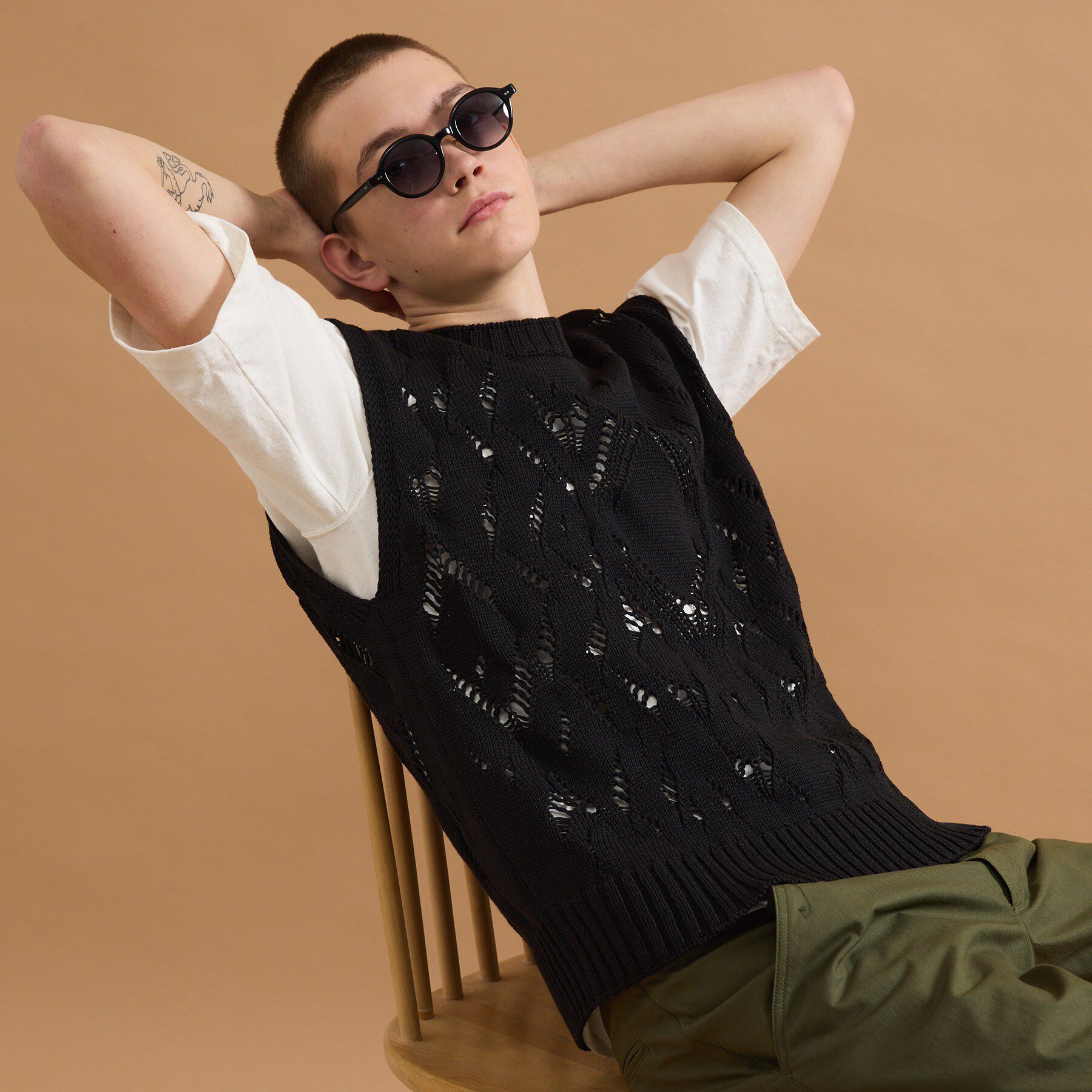 40CARATS&525「ダイヤ柄透かし編みニットべスト」|ベスト・ジレ|ブラック(019)