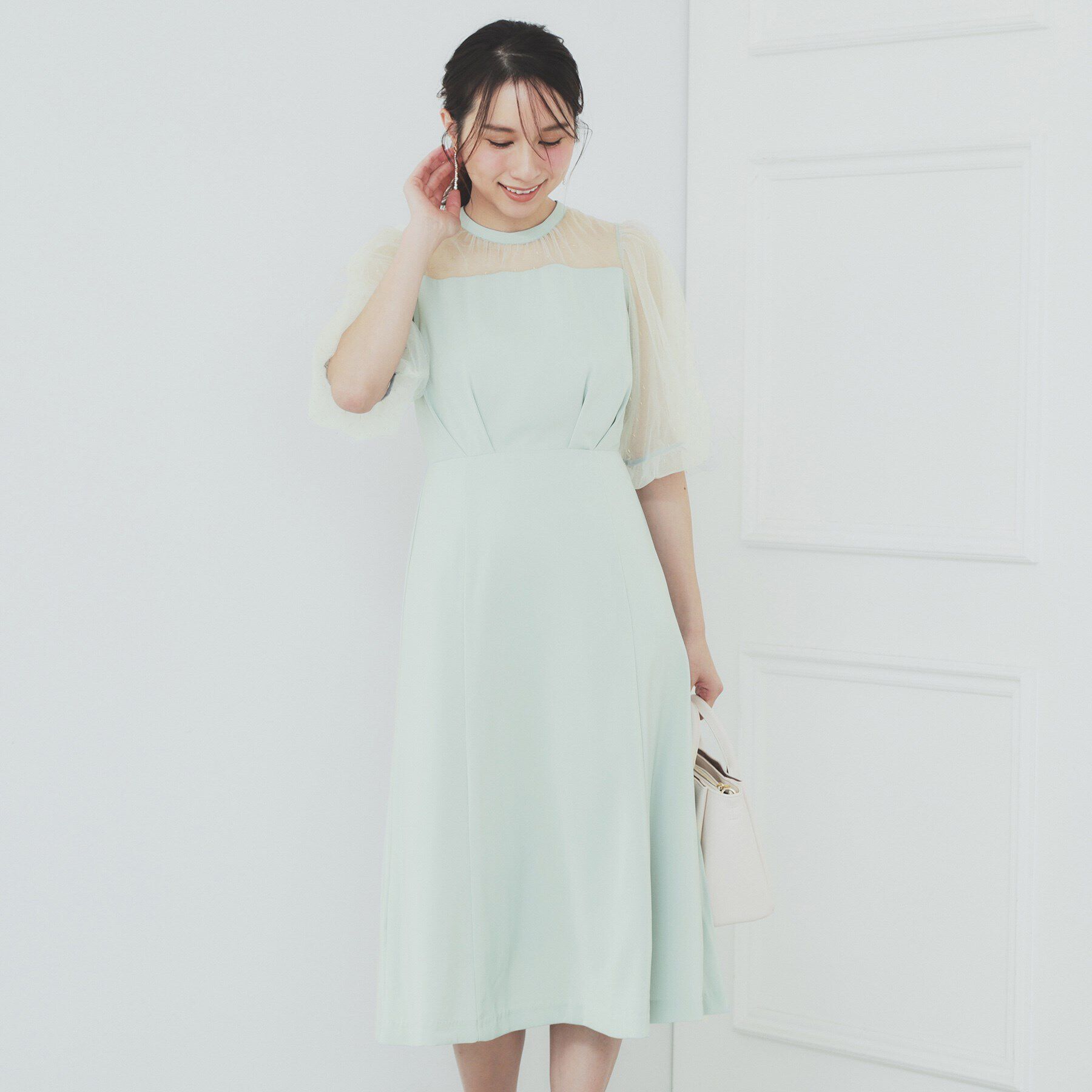 index「ドットチュールスリーブドッキングワンピース【洗濯機洗い可】」|ワンピース|ミントグリーン(02