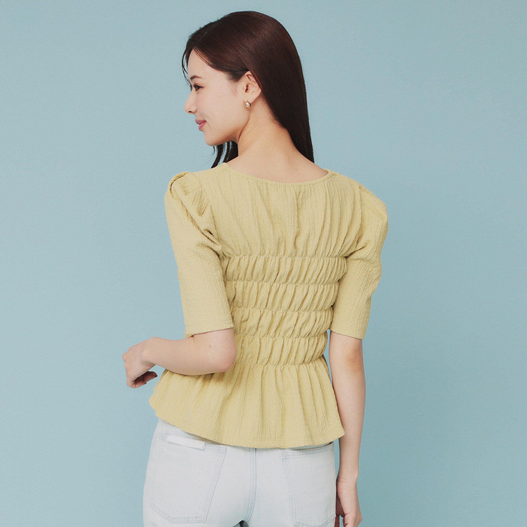 index「シャーリングペプラムトップス【洗濯機洗い可】」|Tシャツ・カットソー|