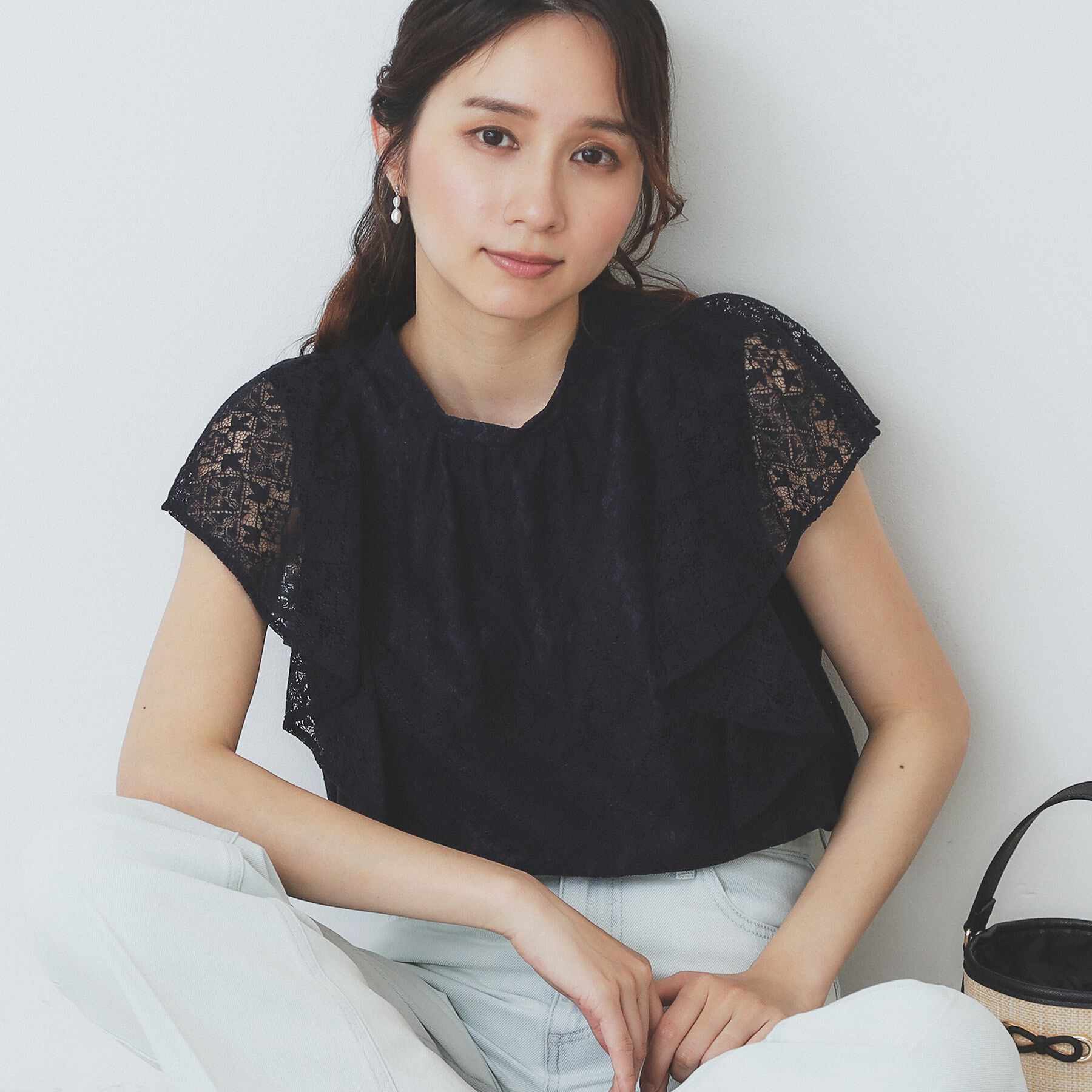 index「ジオメレースフレアスリーブブラウス/セットアップ対応【洗濯機洗い可】」|シャツ・ブラウス|ネイビー(094)