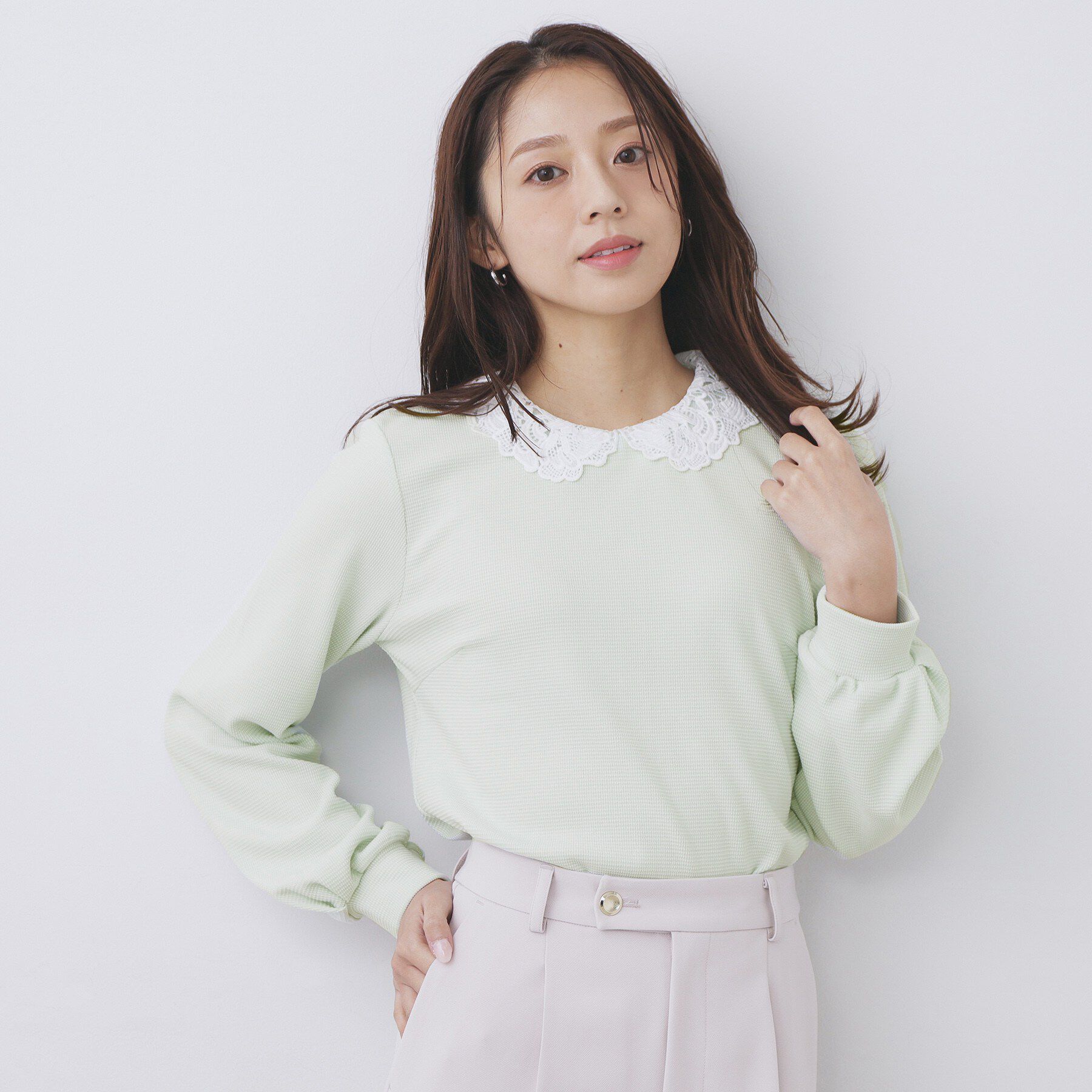 index「レース衿付きピケジャージトップス【洗濯機OK】」|Tシャツ・カットソー|