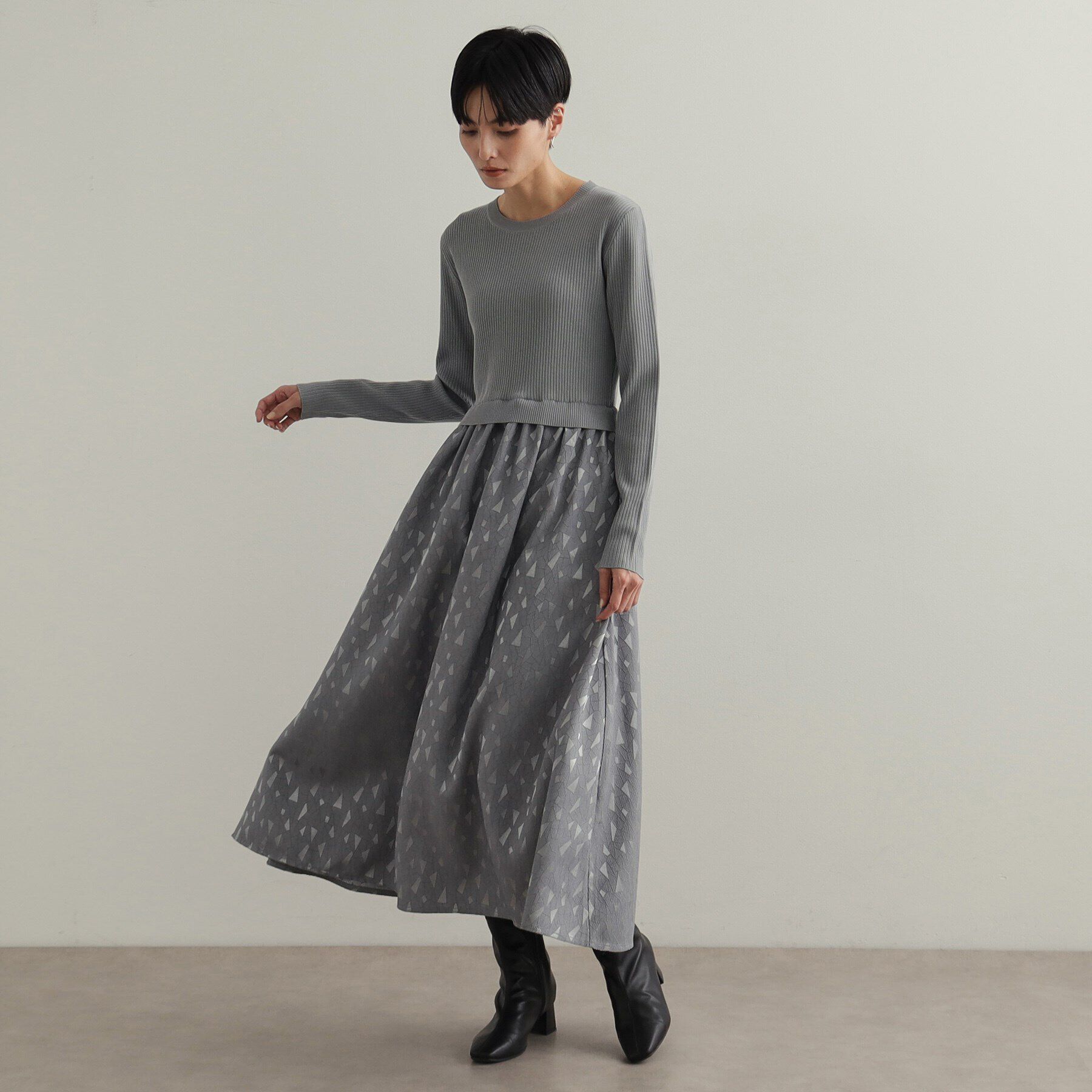 OPAQUE.CLIP「《美人百花掲載》ニット&times;ジャカードドッキングワンピース【洗濯機洗い可/抗ピル】」|ワンピース|