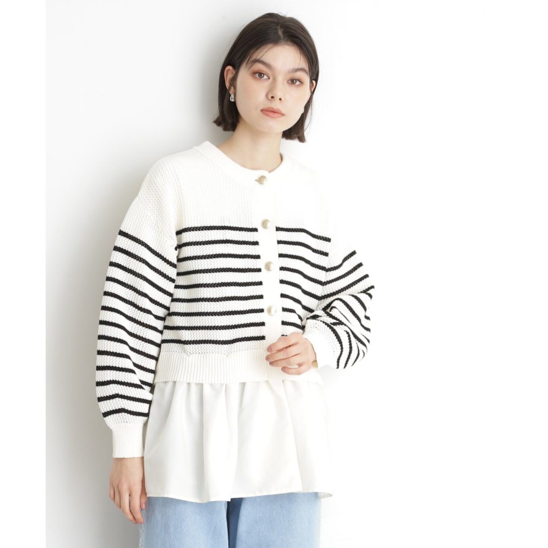 THE SHOP TK「布帛ドッキングメッシュカーデ」|カーディガン|