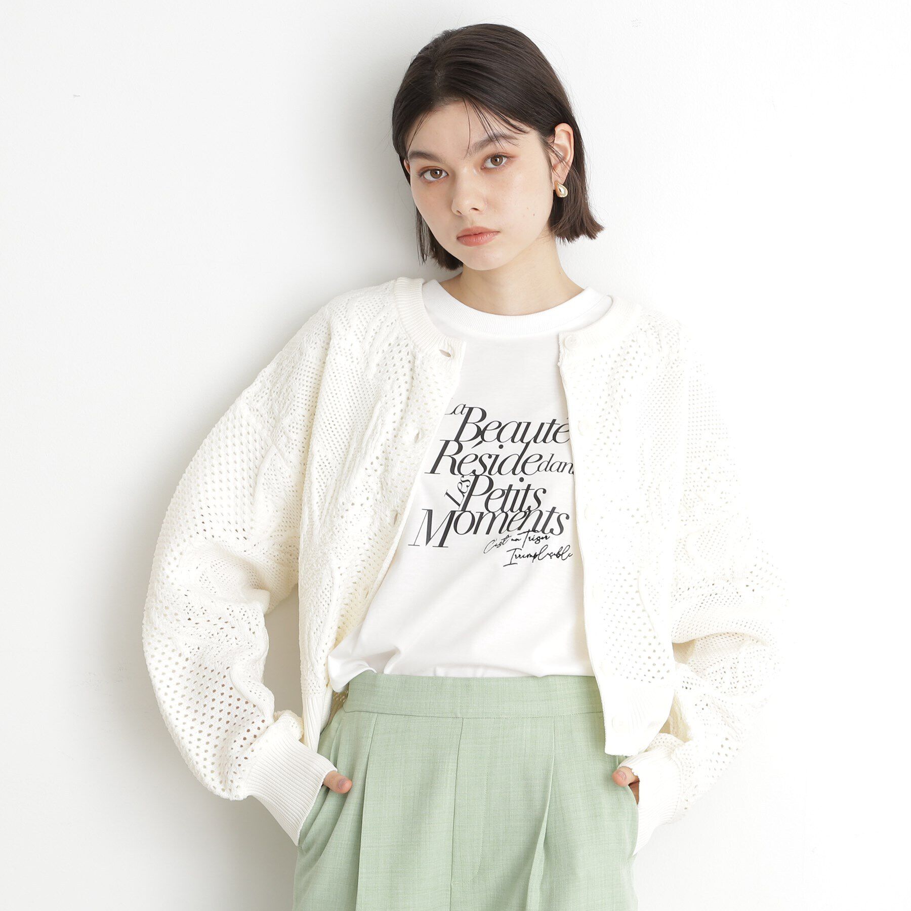 THE SHOP TK「レース編みカーディガン【前後2WAY】」|ニット・セーター|オフホワイト(003