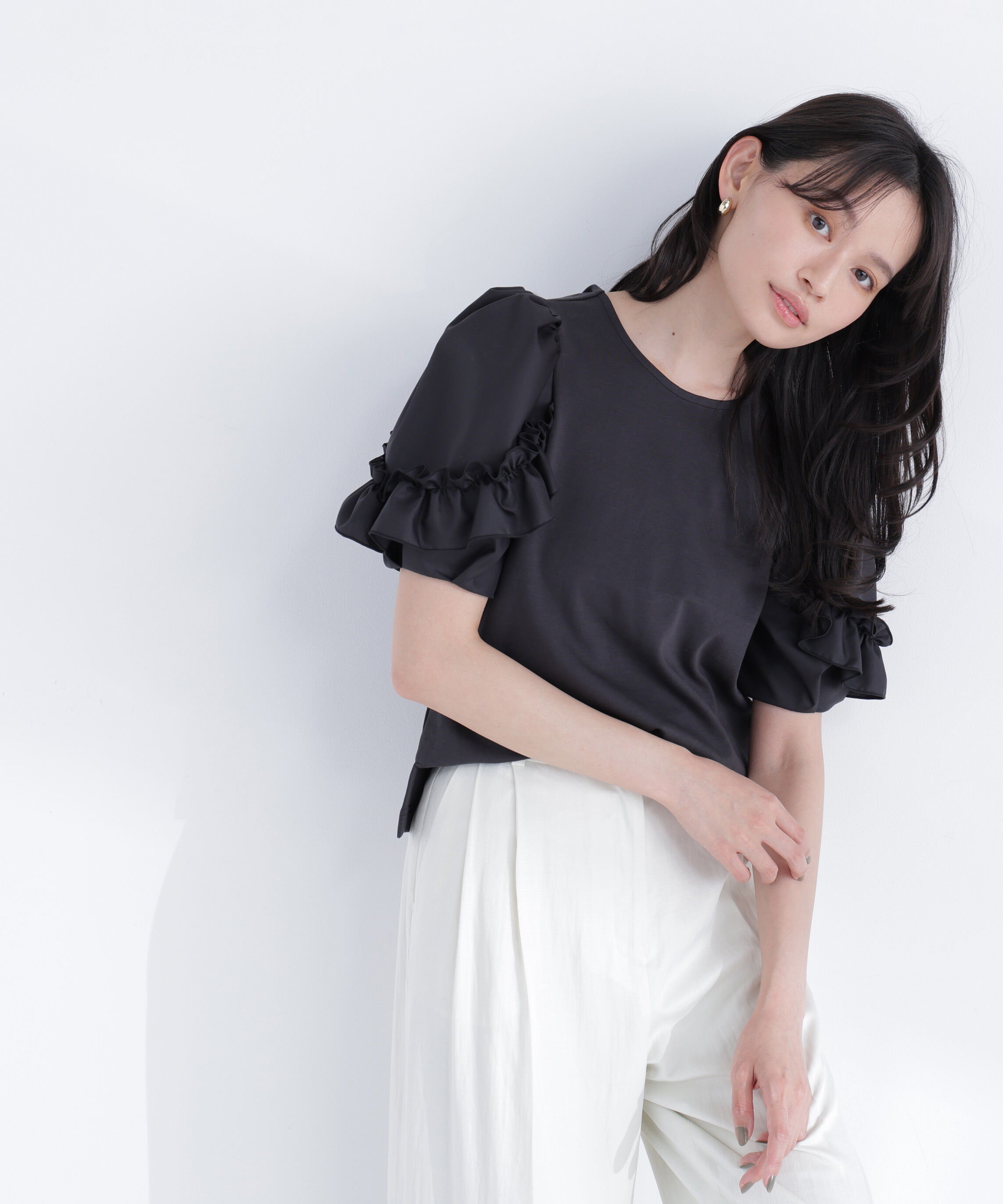  「フリルスリーブドッキングカットソー」|Tシャツ・カットソー|ブラック