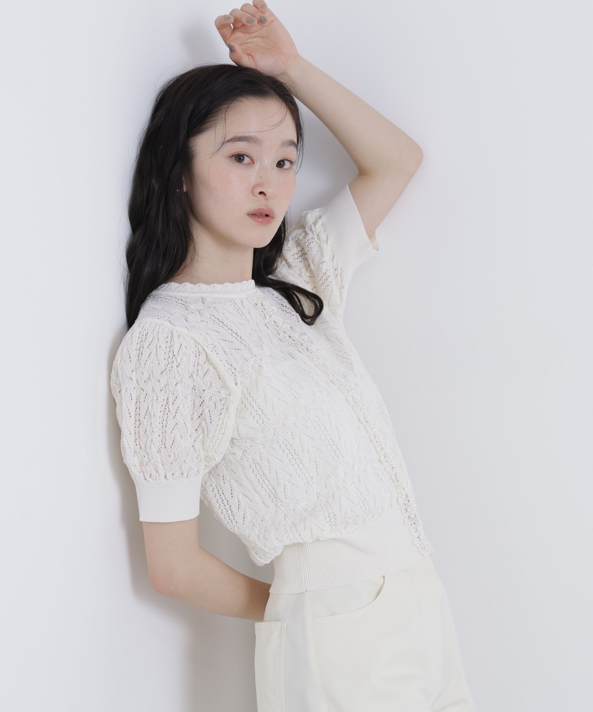  「レーストリミング柄編みニット」|ニット・セーター|