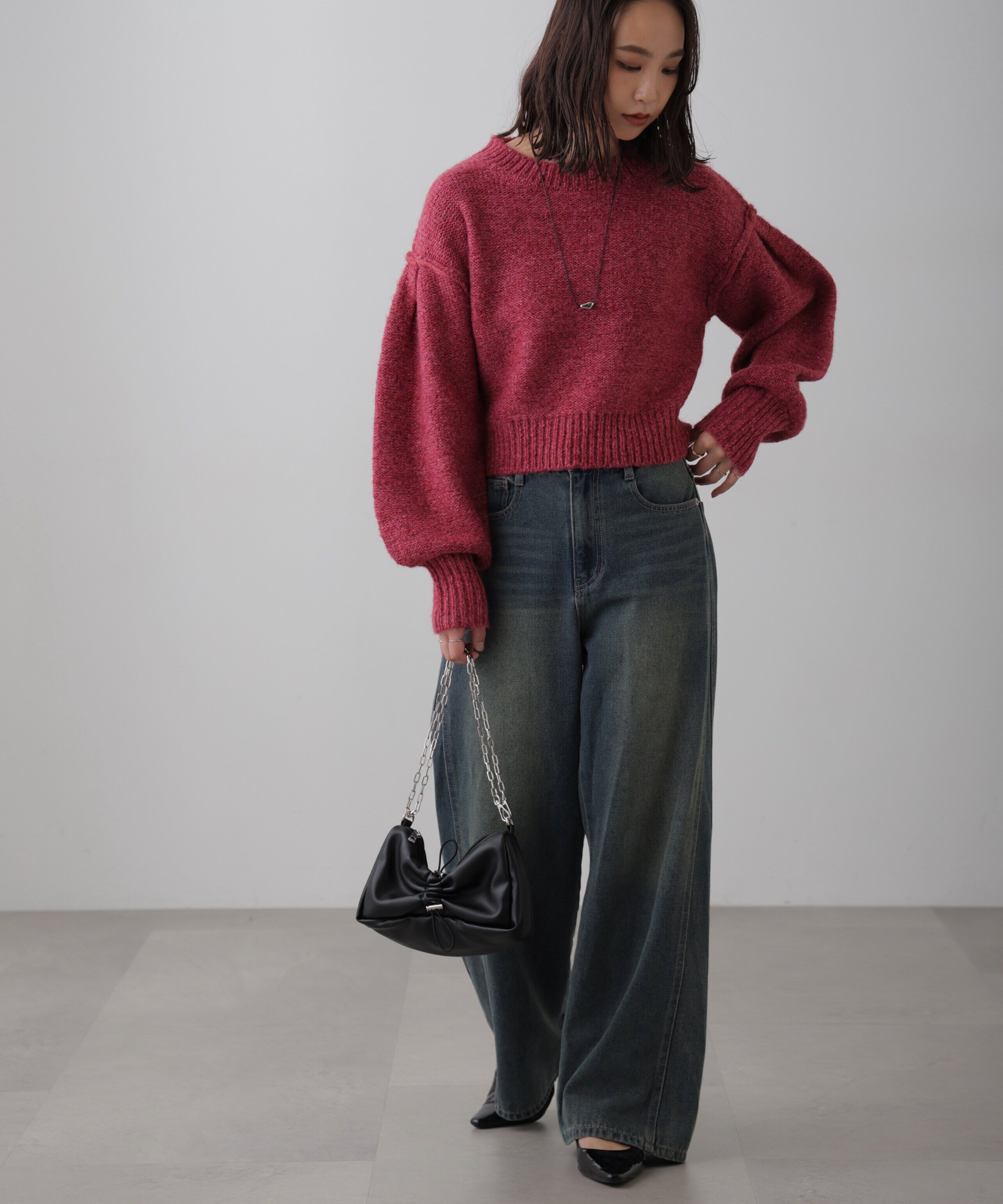  「バックリボンショート丈ニット」|ニット・セーター|