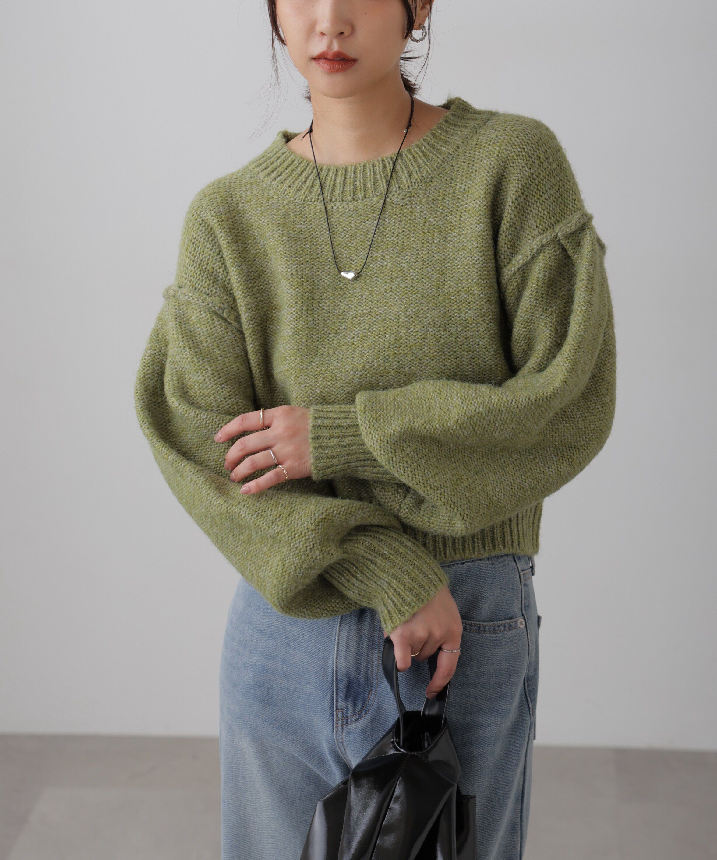  「バックリボンショート丈ニット」|ニット・セーター|グリーン