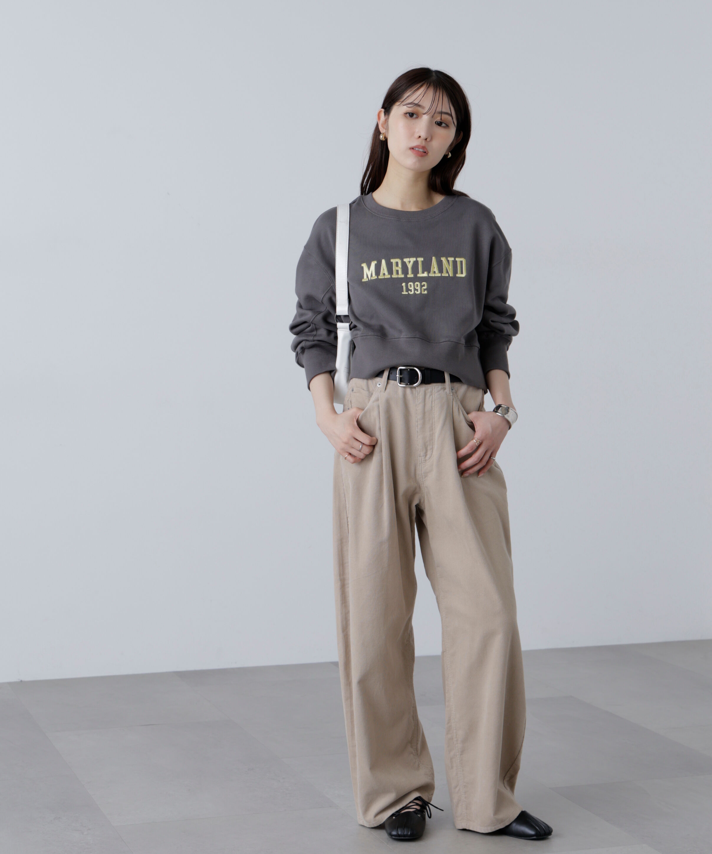  「カレッジロゴショート丈スウェット」|Tシャツ・カットソー|