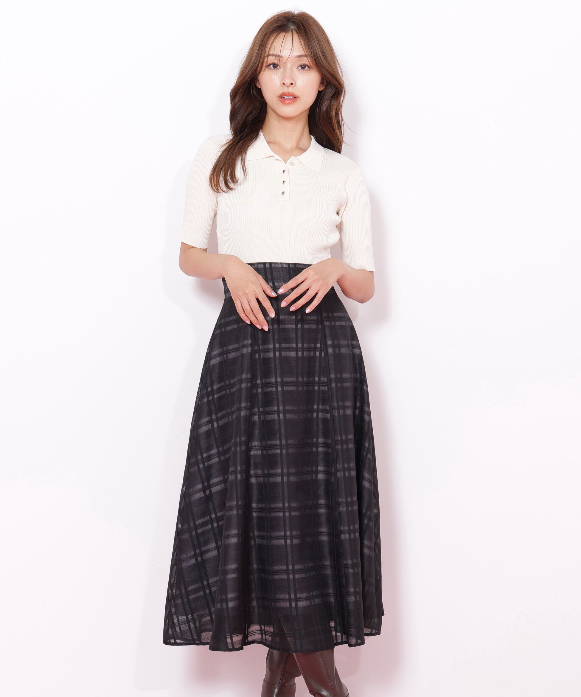  「ポロ衿ドッキングワンピース」|ワンピース|オフホワイト