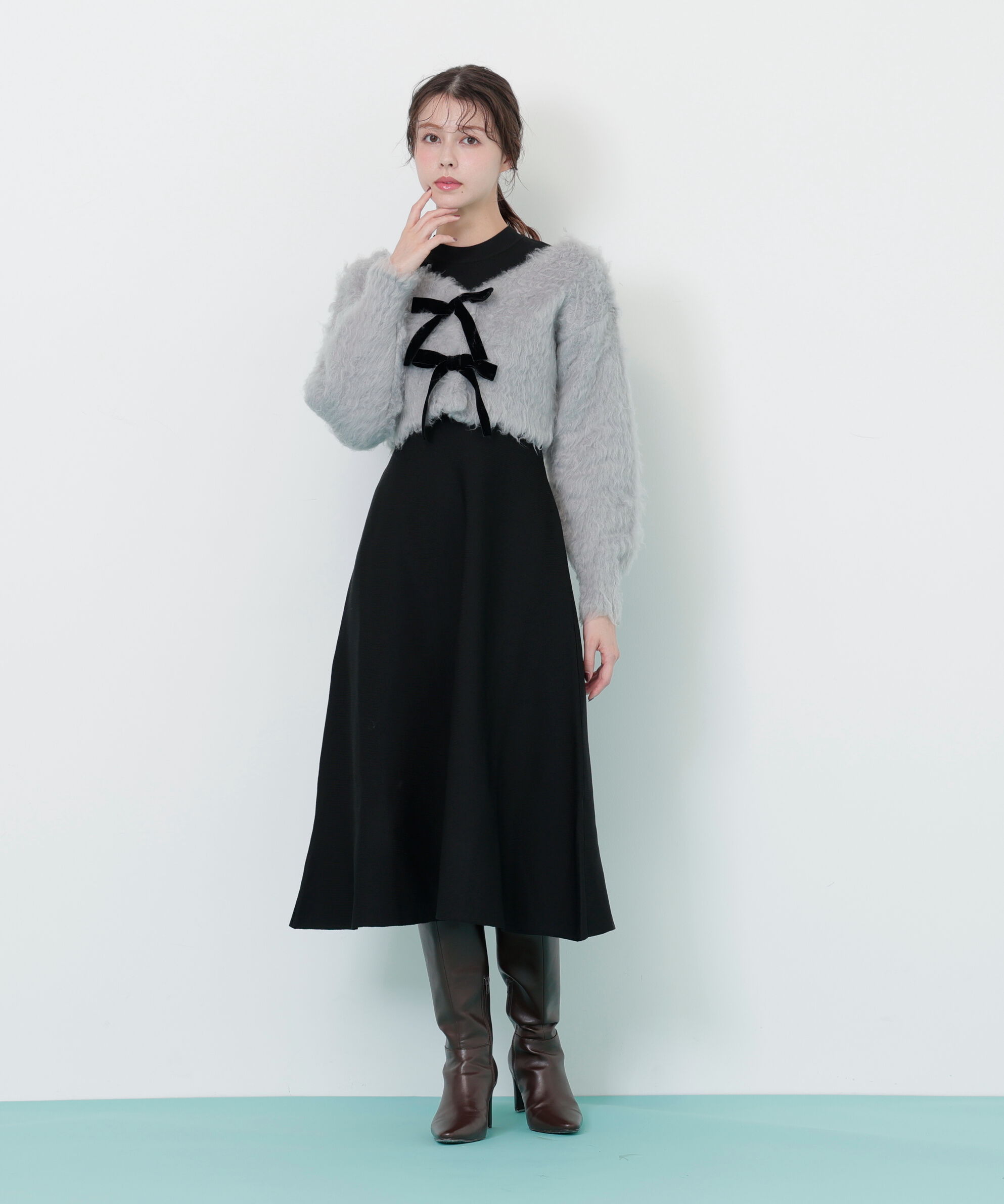  「起毛カーデニットワンピースセット」|ワンピース|