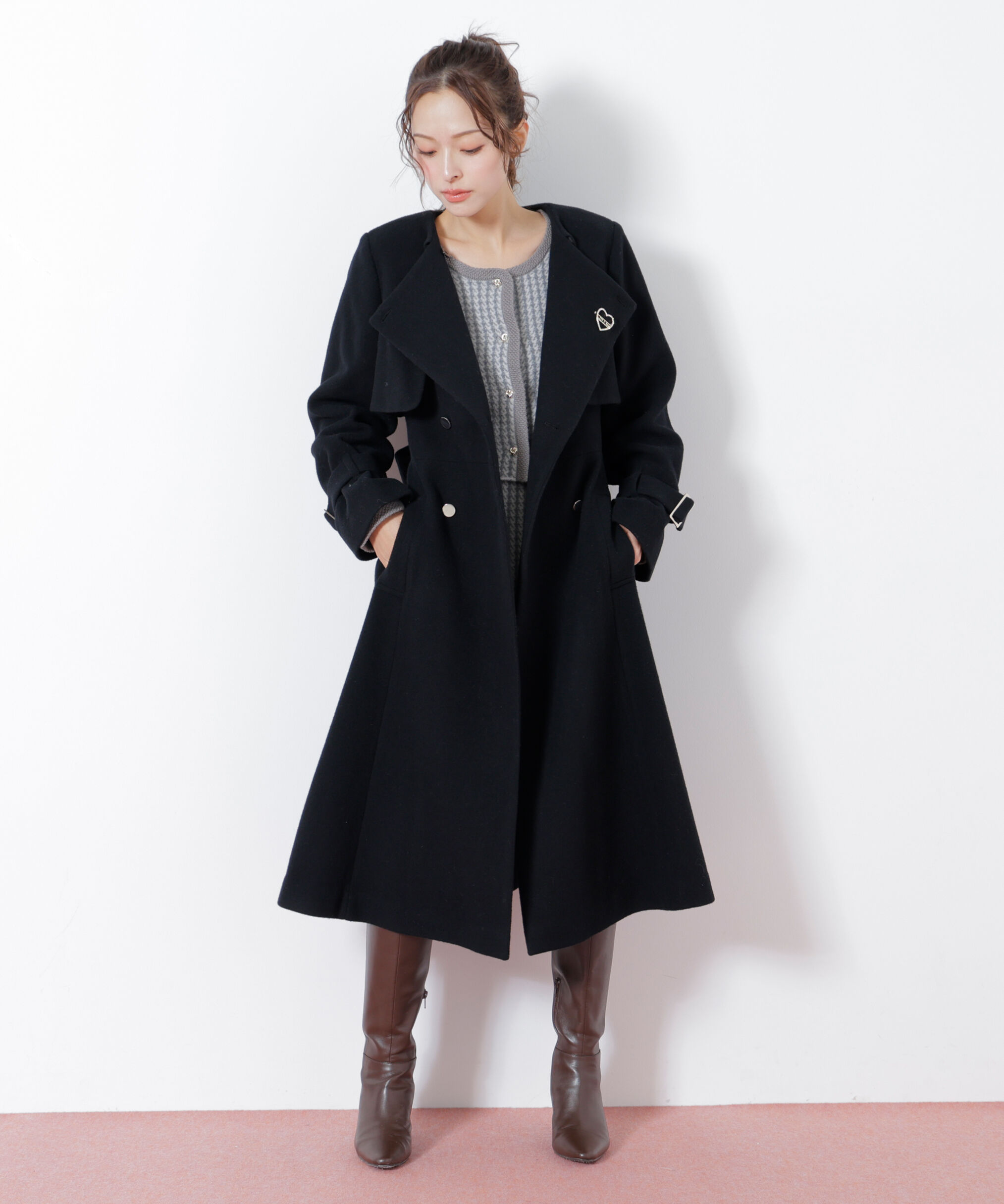  「ノーカラードレストレンチコート」|その他|ブラック