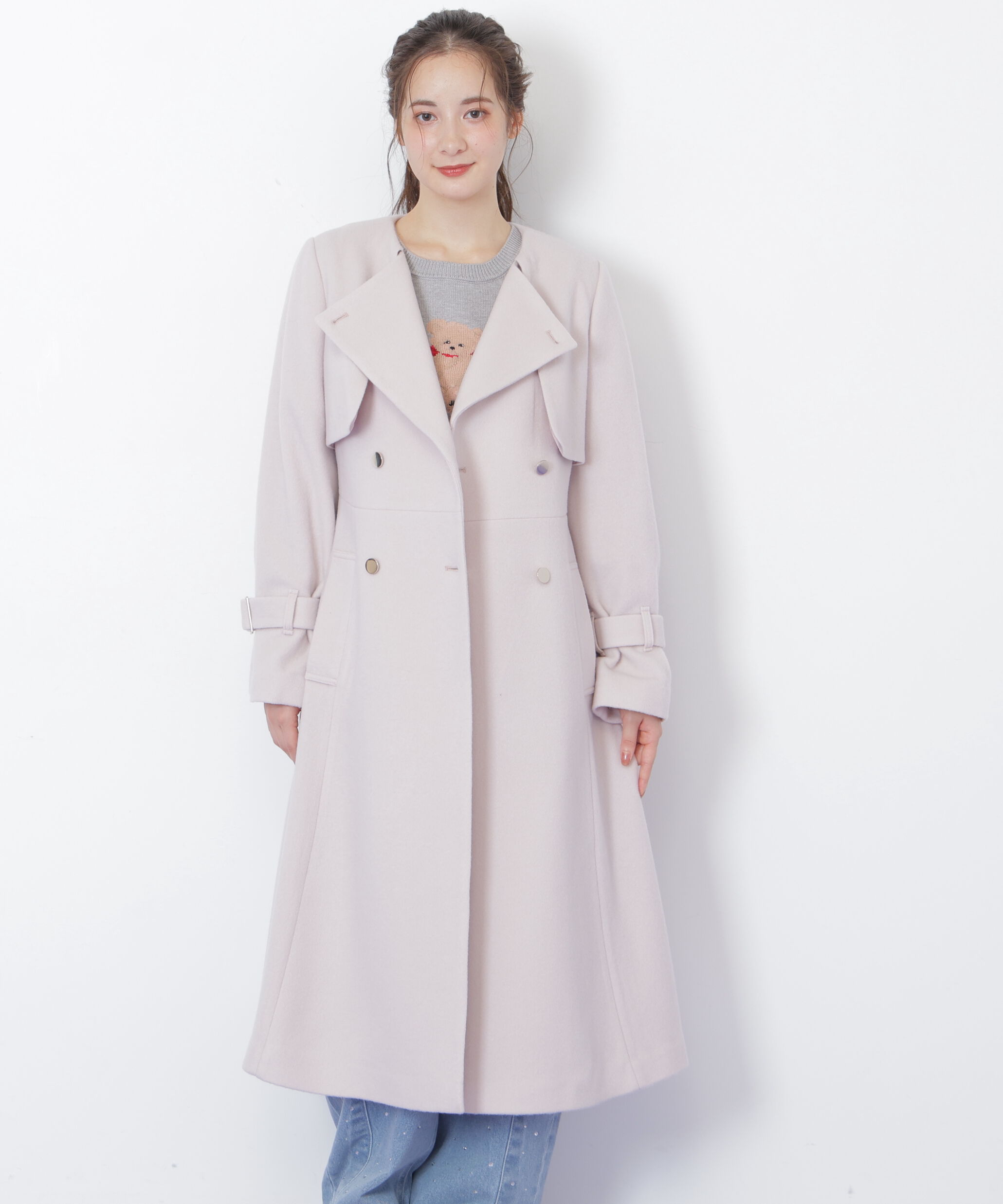  「ノーカラードレストレンチコート」|その他|ピンク