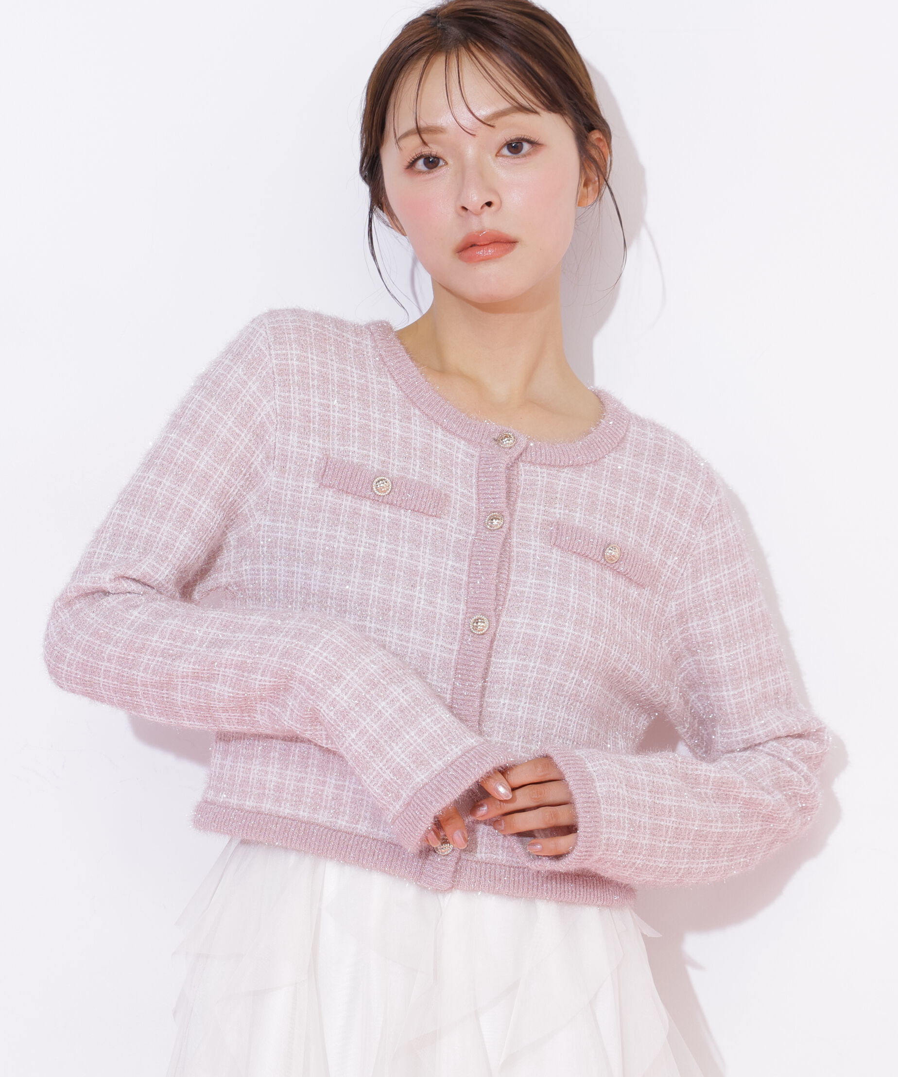  「ラメツィードニットジャケット」|ニット・セーター|ピンク