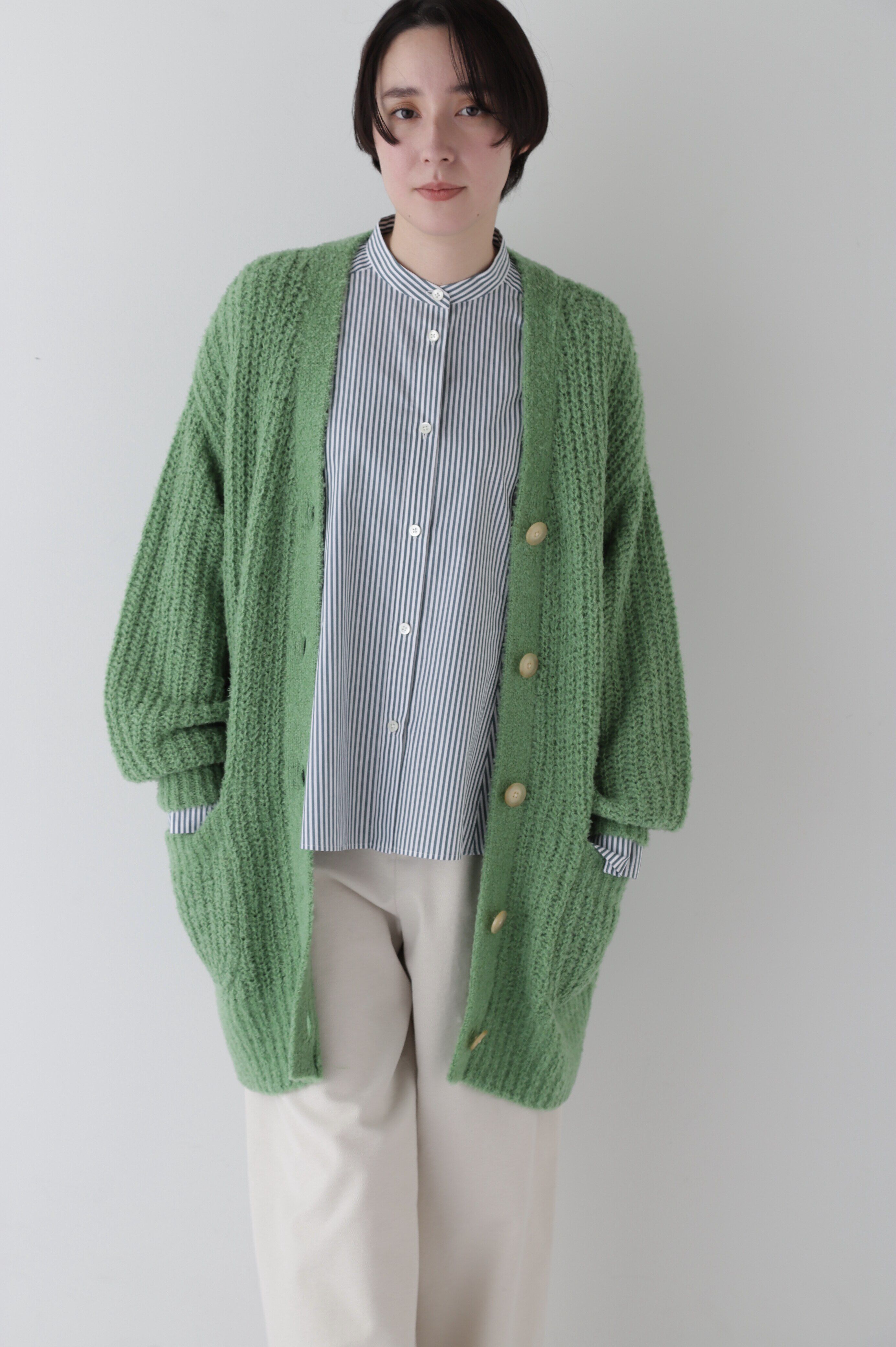  「ブークレ片畦2WAYはおりロングVer」|ニット・セーター|グリーン