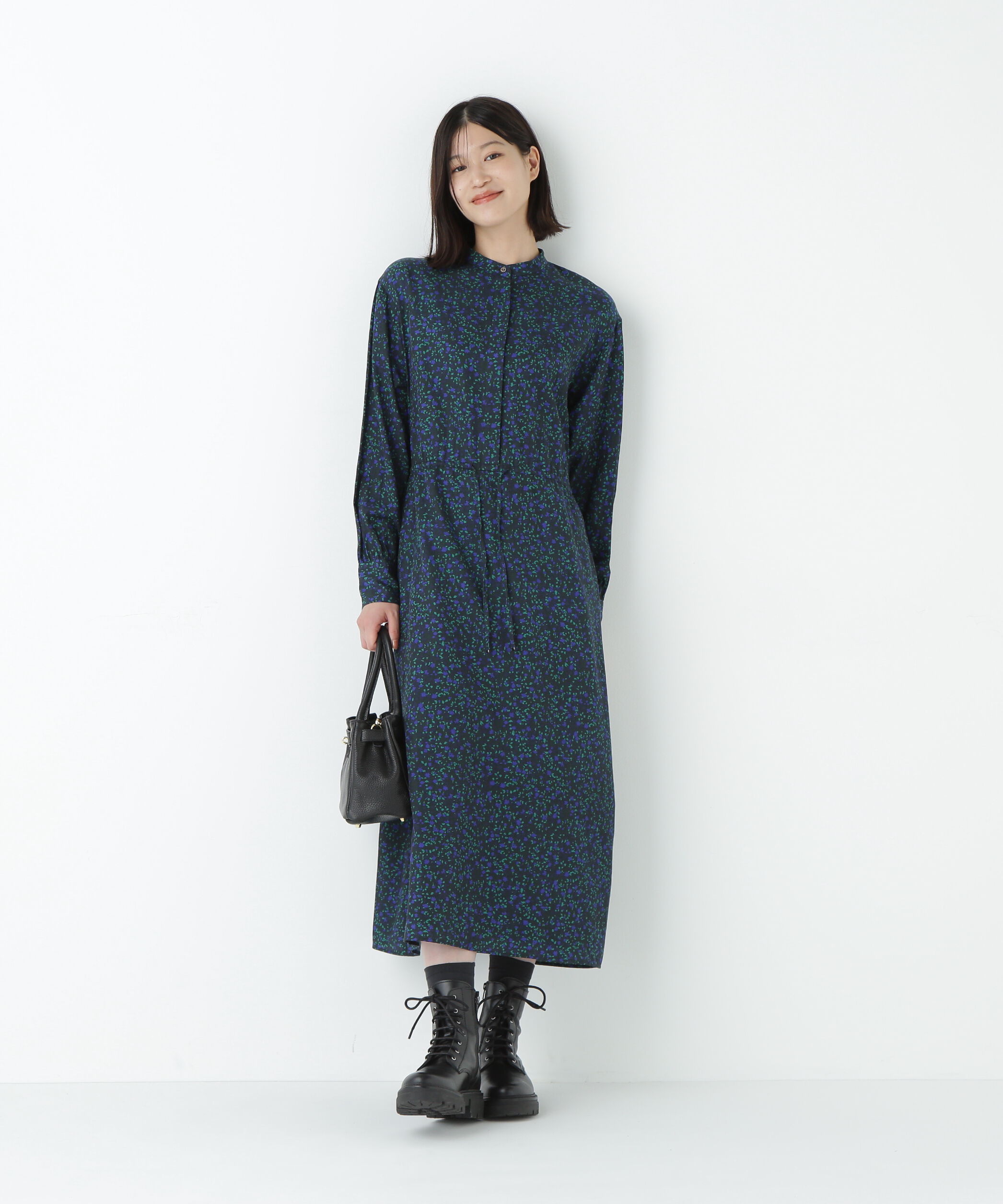  「プチフラワープリントブラウジングバンドカラーワンピース」|ワンピース|