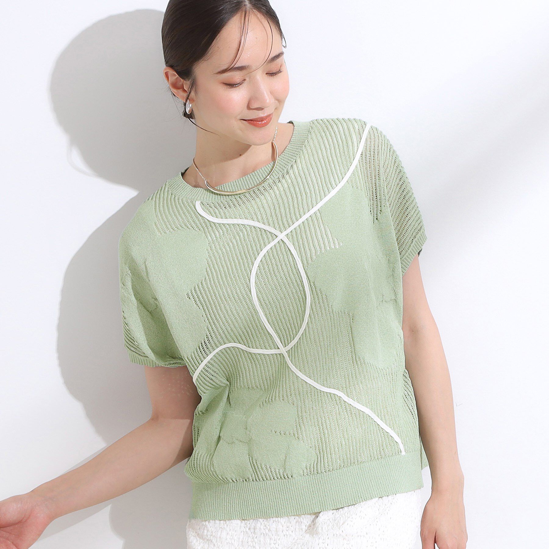 SHOO･LA･RUE「【S-LL】にょろにょろ刺繍 透かし編みニット」|ニット・セーター|ミントグリーン(02