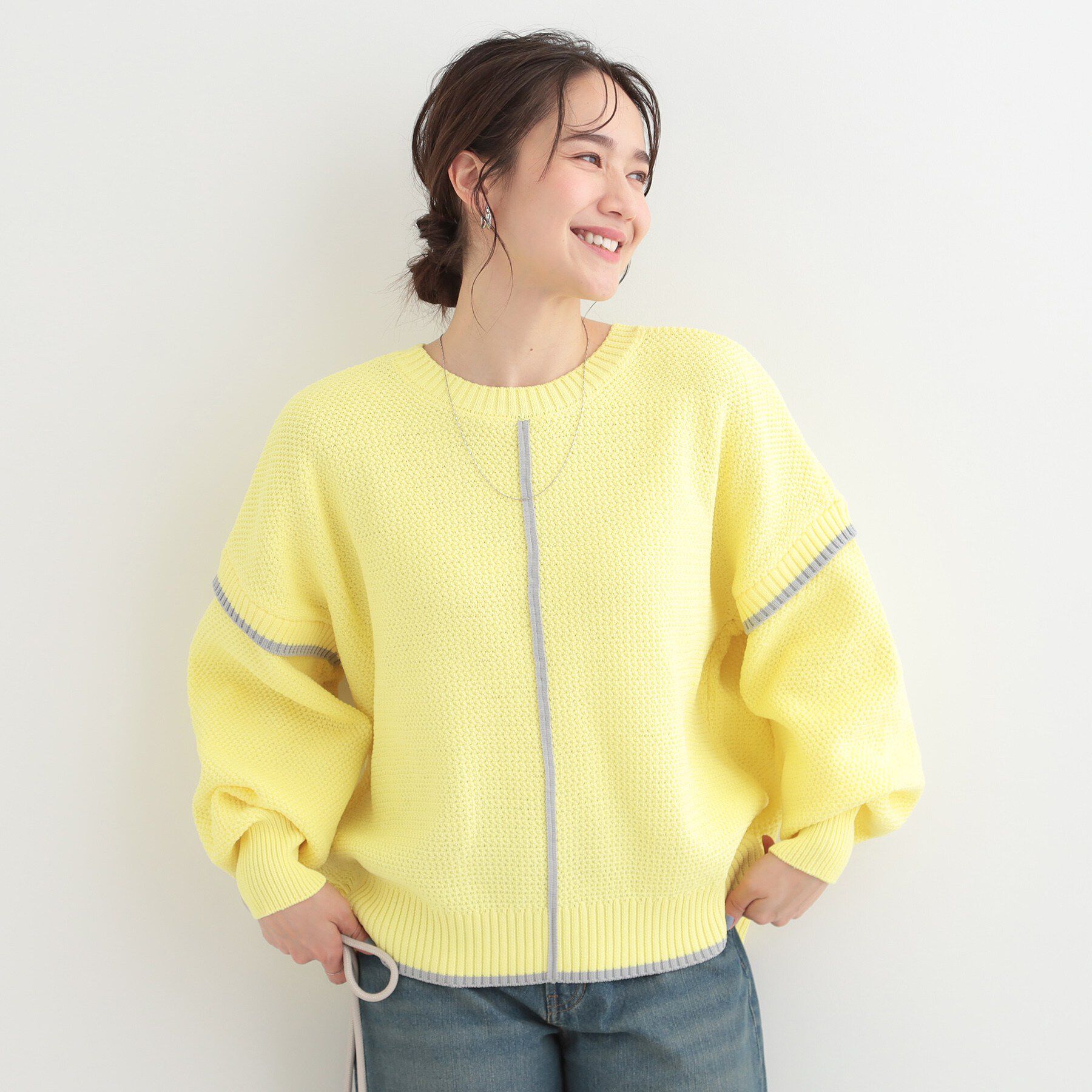 SHOO･LA･RUE「【前後2WAY/S-LL】体型カバーもこなれ見えも叶う　ふんわりお袖の配色パイピングニット」|ニット・セーター|