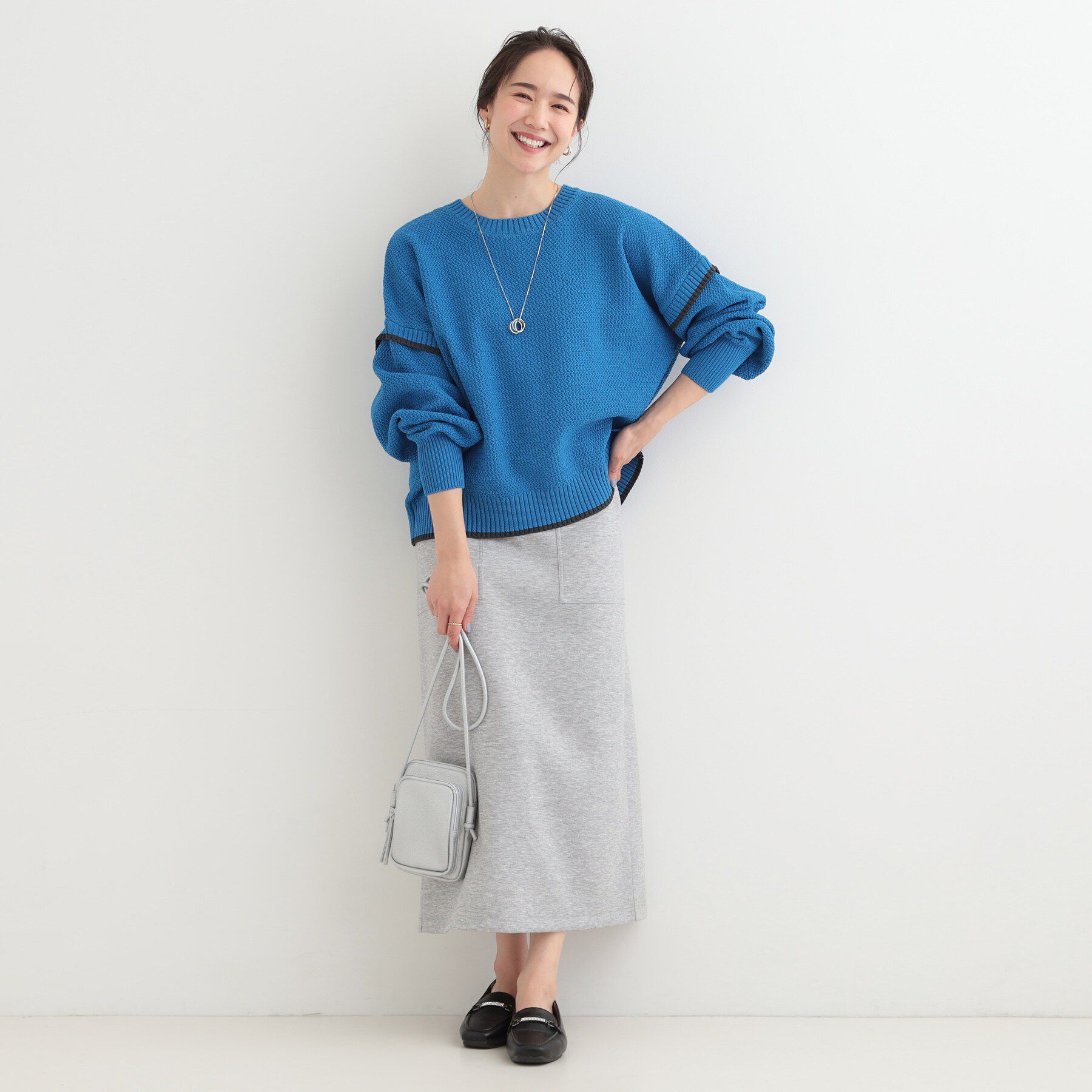 SHOO･LA･RUE「【前後2WAY/S-LL】体型カバーもこなれ見えも叶う　ふんわりお袖の配色パイピングニット」|ニット・セーター|