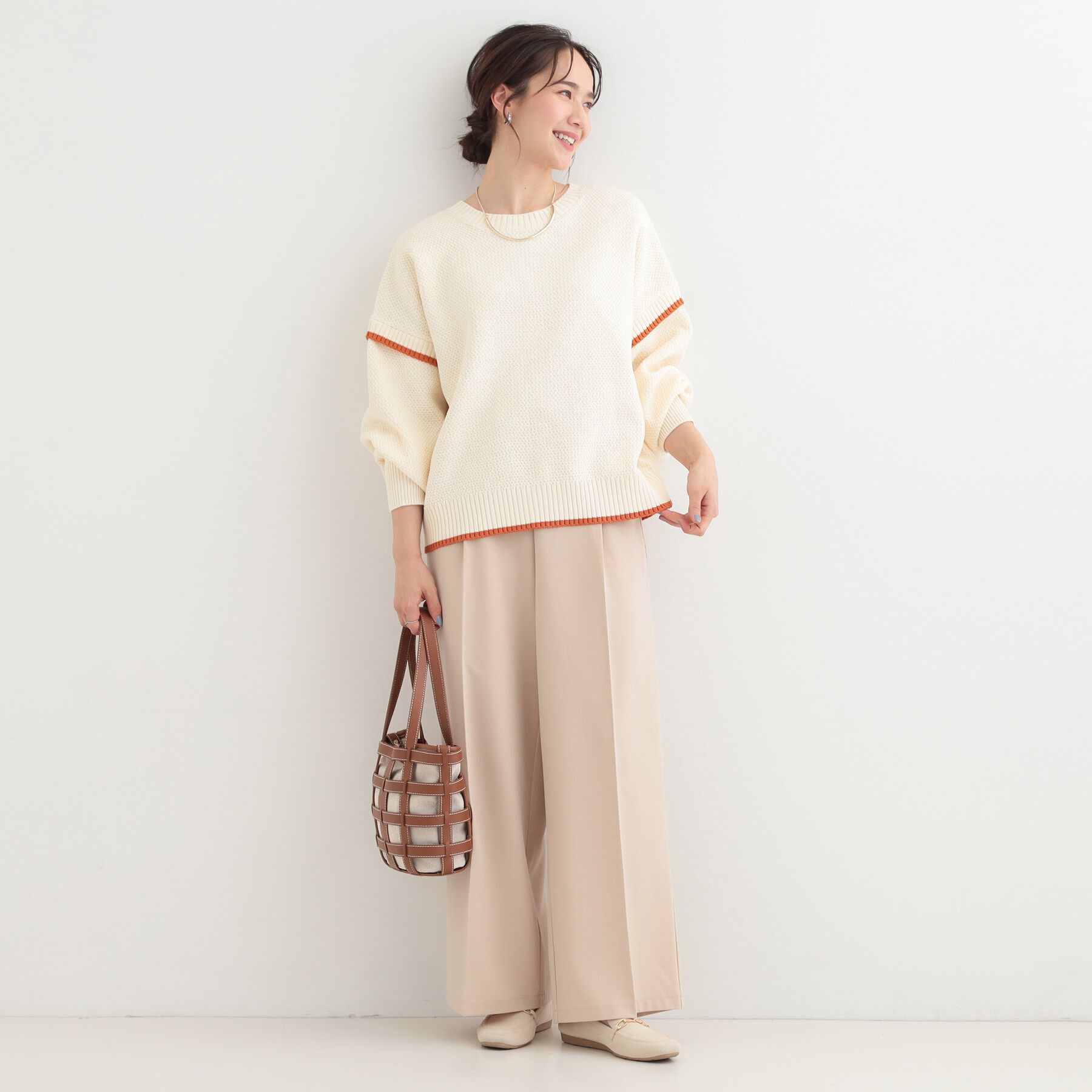 SHOO･LA･RUE「【前後2WAY/S-LL】体型カバーもこなれ見えも叶う　ふんわりお袖の配色パイピングニット」|ニット・セーター|