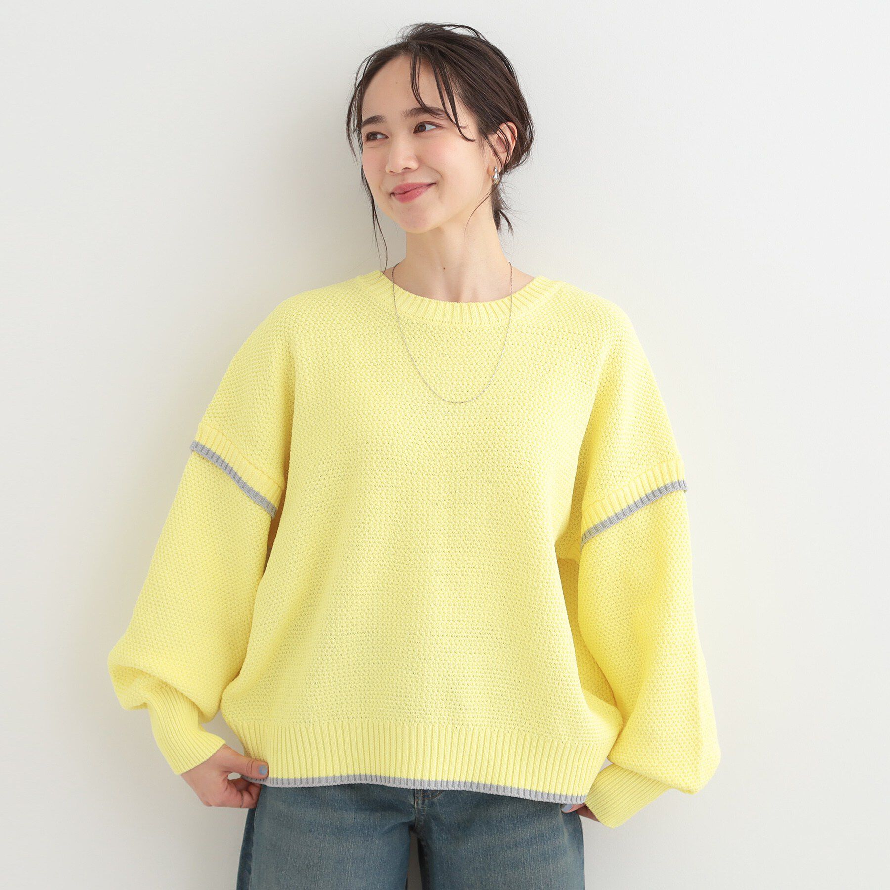 SHOO･LA･RUE「【前後2WAY/S-LL】体型カバーもこなれ見えも叶う　ふんわりお袖の配色パイピングニット」|ニット・セーター|