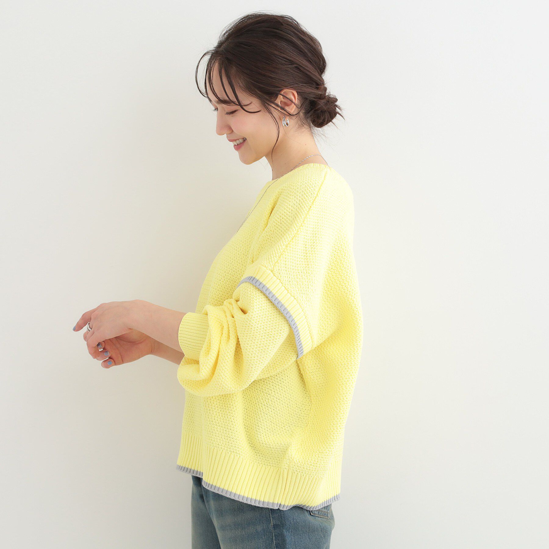 SHOO･LA･RUE「【前後2WAY/S-LL】体型カバーもこなれ見えも叶う　ふんわりお袖の配色パイピングニット」|ニット・セーター|