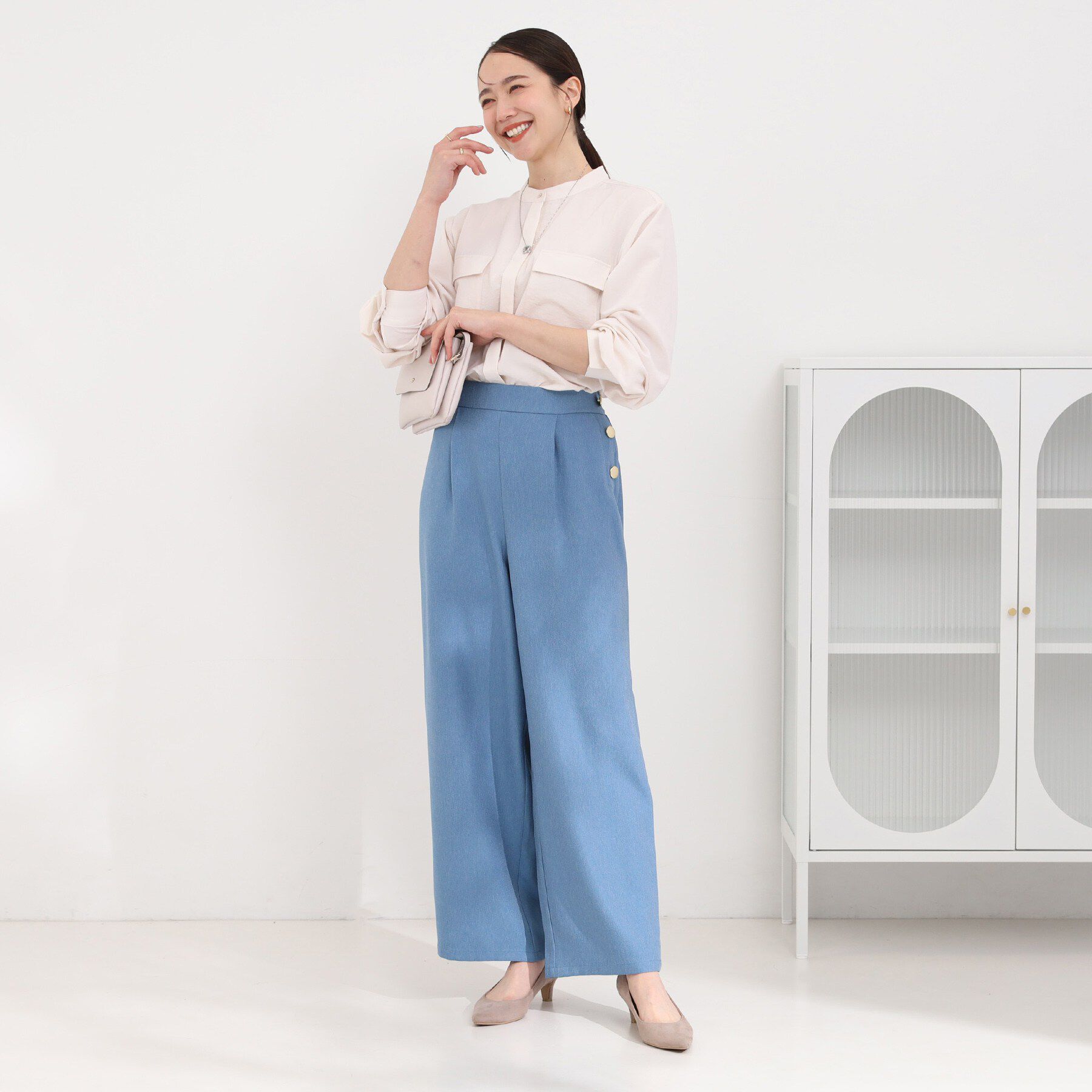 SHOO･LA･RUE「【S-LL】はくだけすっきりシルエット サイドボタン付き デニム風ワイドパンツ」|その他|