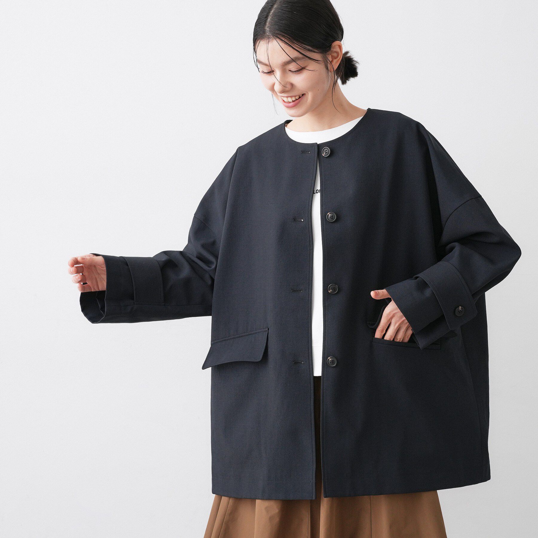 Dessin「【花粉ガード/撥水加工/洗える】クルーネックスプリングコート」|ノーカラーコート|